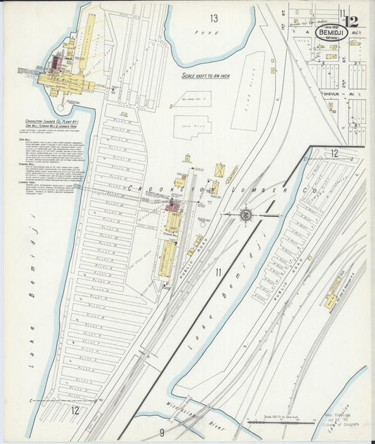 Sanborn Fire Insurance Map from Bemidji, Beltrami County, Minnesota (1916), Sheet #0012 - Historic Sanborn Fire Insurance Map Print, vintage old map wall art, antique decor, genealogy gift, Minnesota Minnesota map