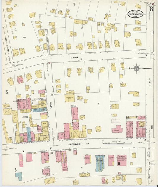 Sanborn Fire Insurance Map from Greenwich, Fairfield County, Connecticut (1912), Sheet #0008 - Historic Sanborn Fire Insurance Map Print, vintage old map wall art, antique decor, genealogy gift, Connecticut Connecticut map