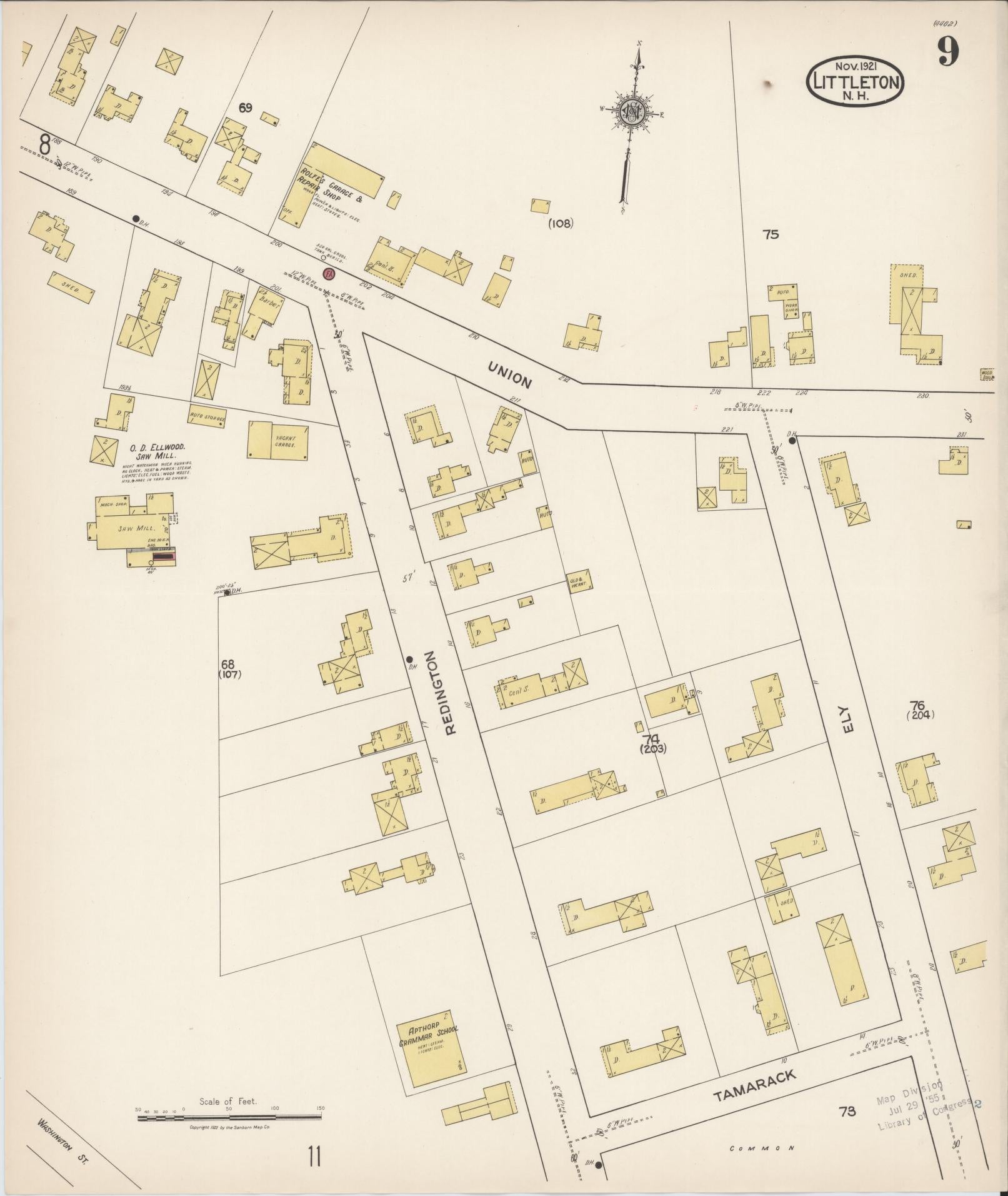 Sanborn Fire Insurance Map from Littleton, Grafton County, New Hampshire (1921), Sheet #0009 - Complete Map Set gallery image, historic Sanborn map, vintage wall art, New Hampshire New Hampshire