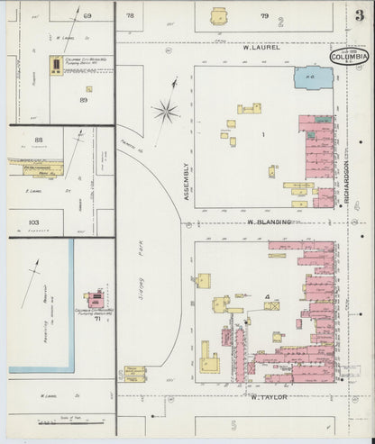 Sanborn Fire Insurance Map from Columbia, Richland County, South Carolina (1893), Sheet #0003 - Complete Map Set gallery image, historic Sanborn map, vintage wall art, South Carolina South Carolina