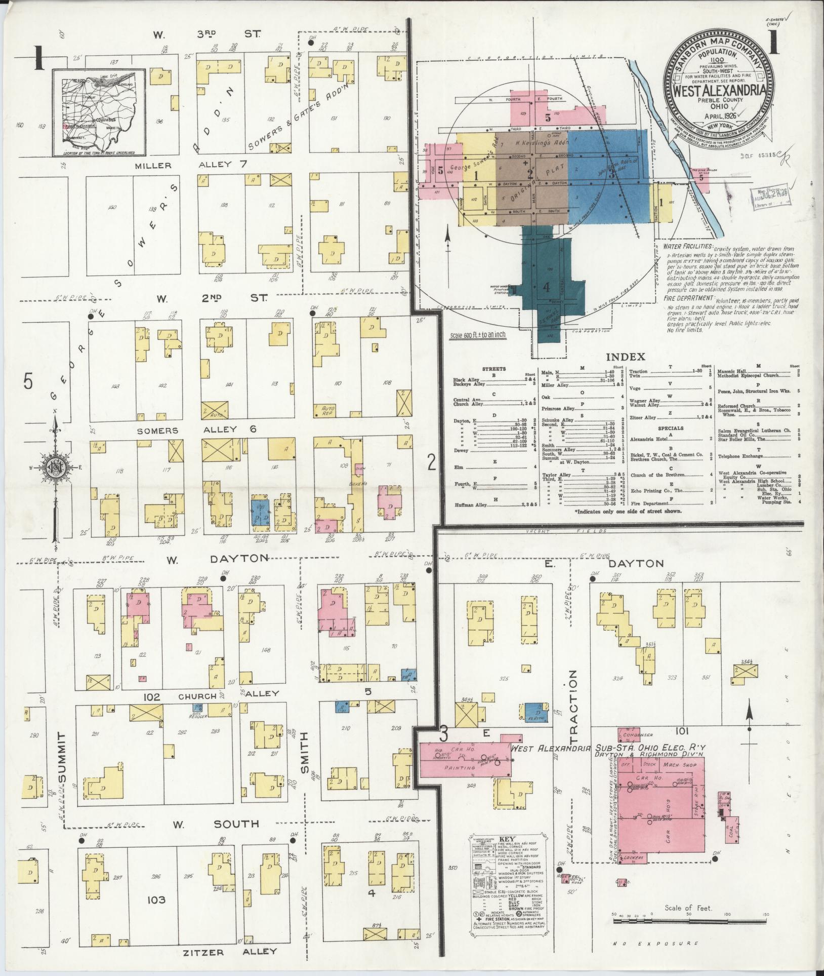Sanborn Fire Insurance Map from West Alexandria, Preble County, Ohio (1926), Sheet #0001 - Historic Sanborn Fire Insurance Map Print, vintage old map wall art, antique decor, genealogy gift, Ohio Ohio map