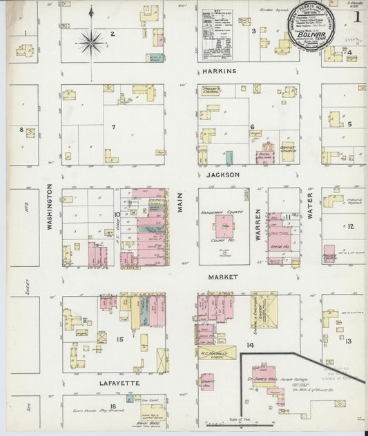 Sanborn Fire Insurance Map from Bolivar, Hardeman County, Tennessee (1891), Sheet #0001 - Historic Sanborn Fire Insurance Map Print, vintage old map wall art, antique decor, genealogy gift, Tennessee Tennessee map
