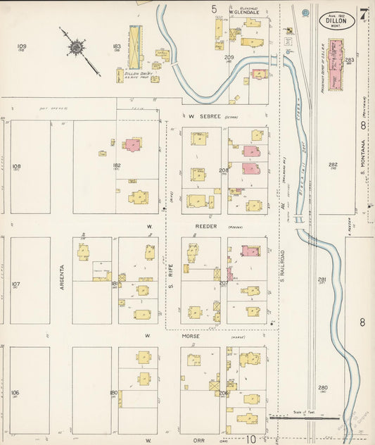 Sanborn Fire Insurance Map from Dillon, Beaverhead County, Montana (1912), Sheet #0007 - Historic Sanborn Fire Insurance Map Print, vintage old map wall art, antique decor, genealogy gift, Montana Montana map