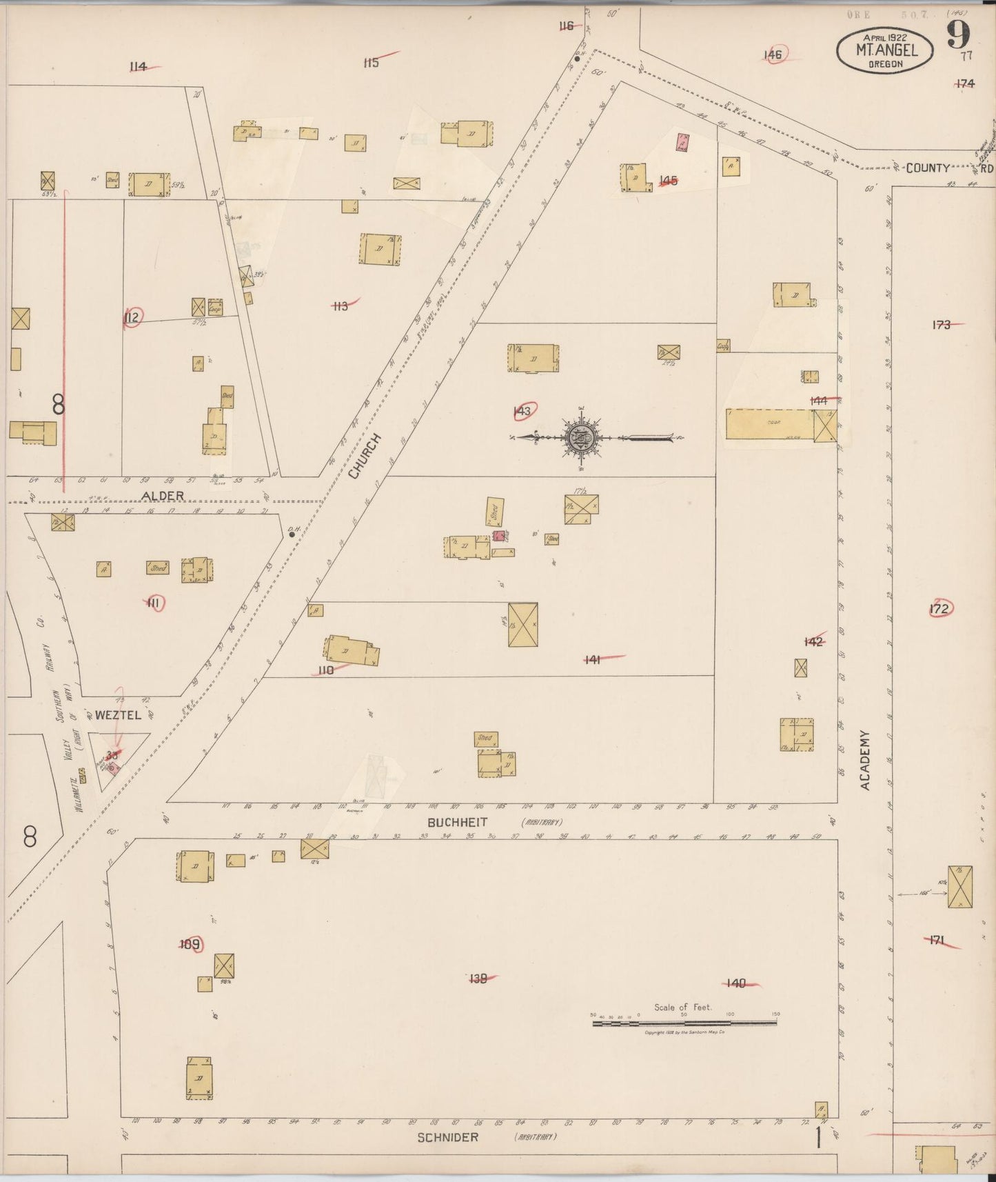 Sanborn Fire Insurance Map from Mount Angel, Marion County, Oregon (1931), Sheet #0009 - Complete Map Set gallery image, historic Sanborn map, vintage wall art, Oregon Oregon