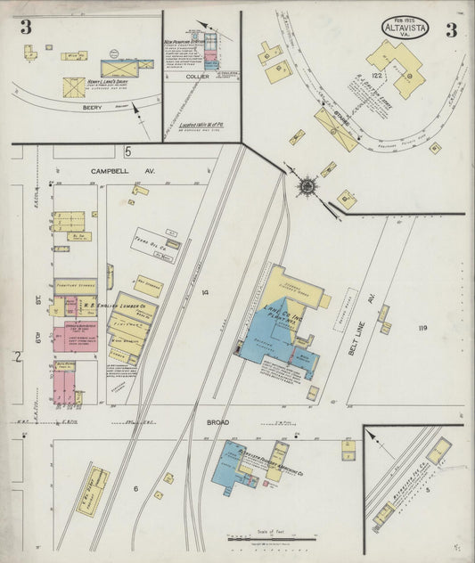 Sanborn Fire Insurance Map from Altavista, Campbell County, Virginia (1925), Sheet #0003 - Historic Sanborn Fire Insurance Map Print, vintage old map wall art, antique decor, genealogy gift, Virginia Virginia map