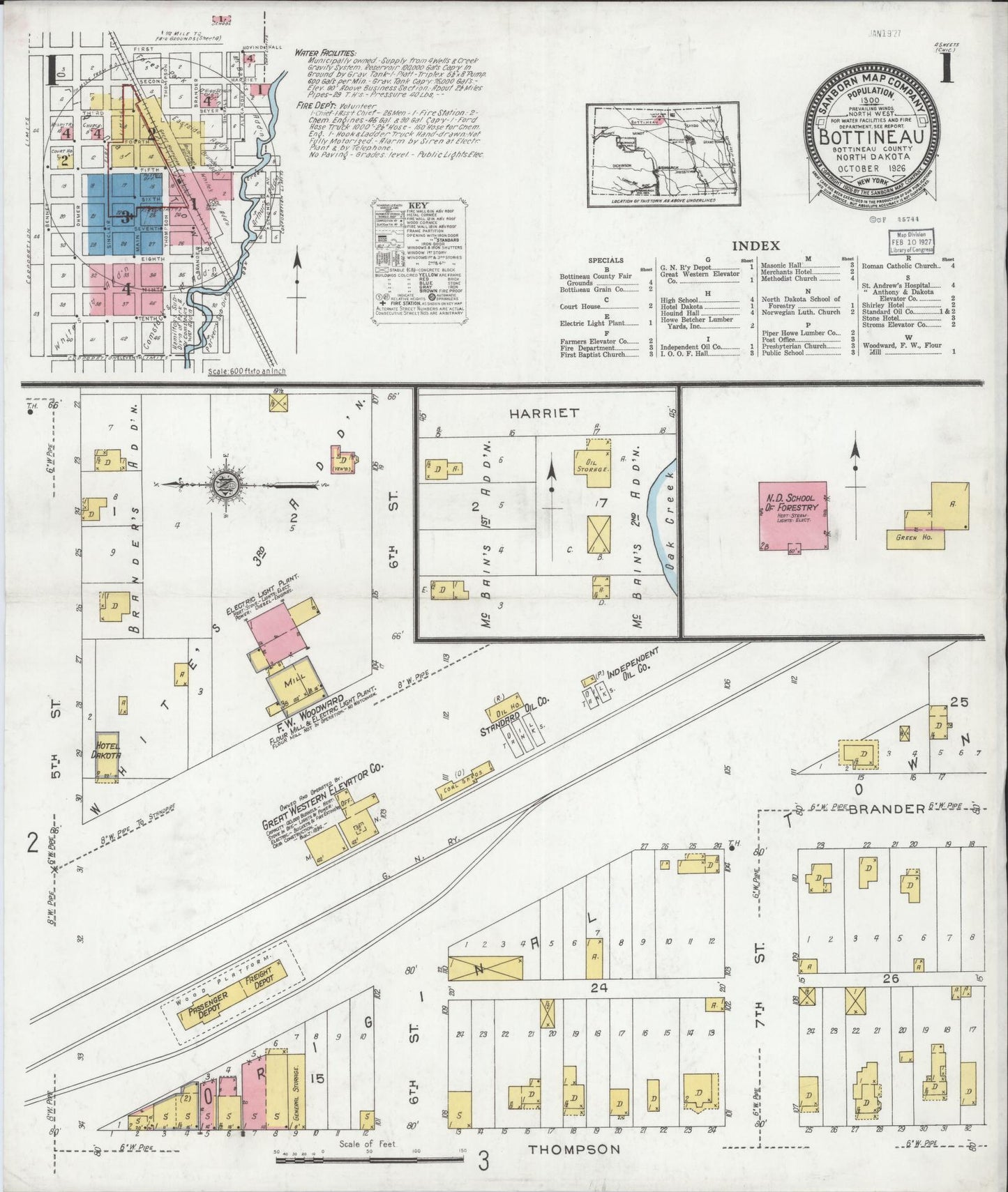Sanborn Fire Insurance Map from Bottineau, Bottineau County, North Dakota (1926), Sheet #0001 - Historic Sanborn Fire Insurance Map Print, vintage old map wall art, antique decor, genealogy gift, North Dakota North Dakota map