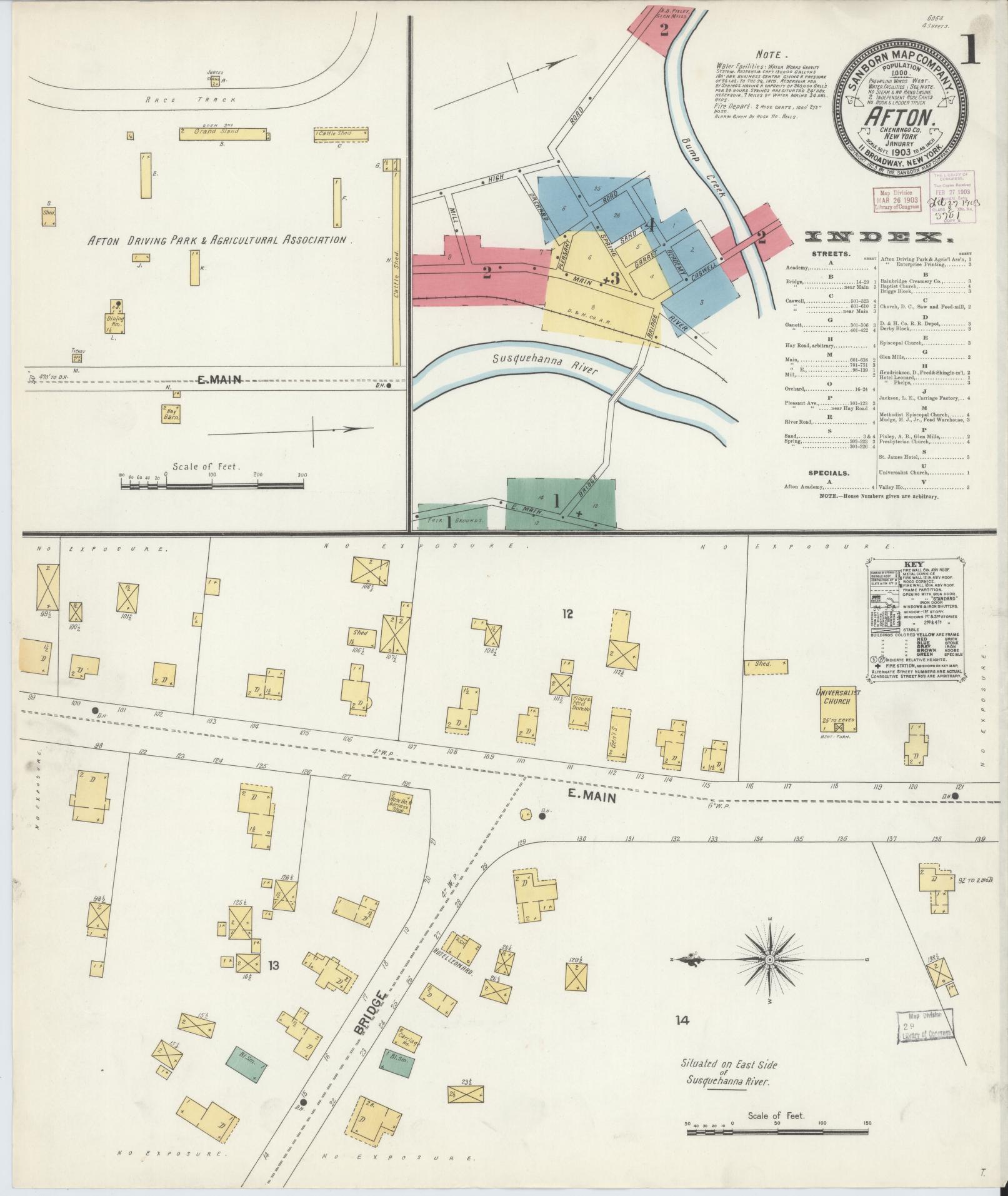Sanborn Fire Insurance Map from Afton, Chenango County, New York (1903), Sheet #0001 - Complete Map Set gallery image, historic Sanborn map, vintage wall art, New York New York