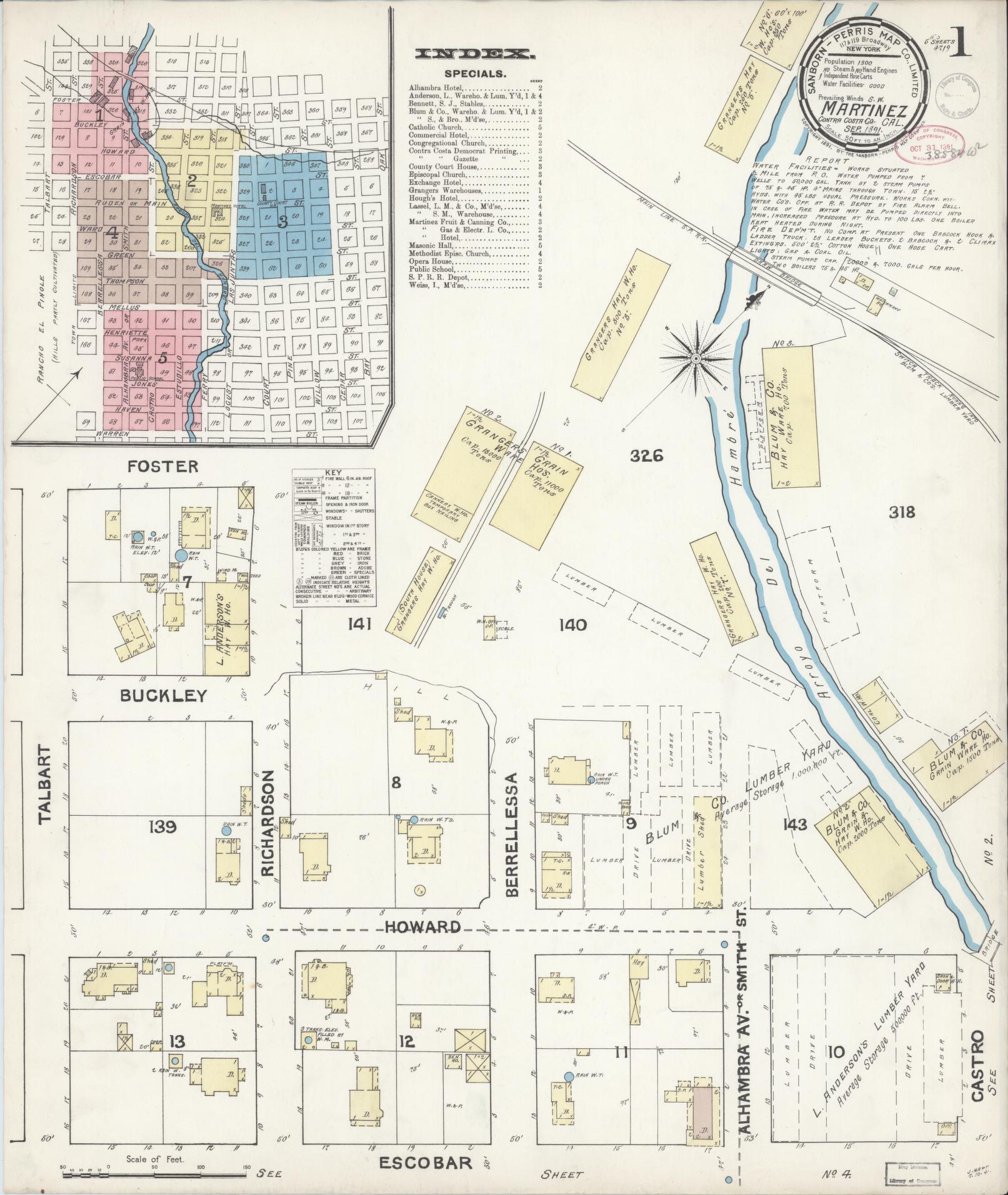 Sanborn Fire Insurance Map from Martinez, Contra Costa County, California (1891), Sheet #0001 - Historic Sanborn Fire Insurance Map Print, vintage old map wall art, antique decor, genealogy gift, California California map
