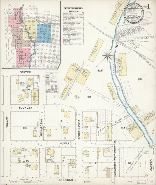 Sanborn Fire Insurance Map from Martinez, Contra Costa County, California (1891), Sheet #0001 - Historic Sanborn Fire Insurance Map Print, vintage old map wall art, antique decor, genealogy gift, California California map