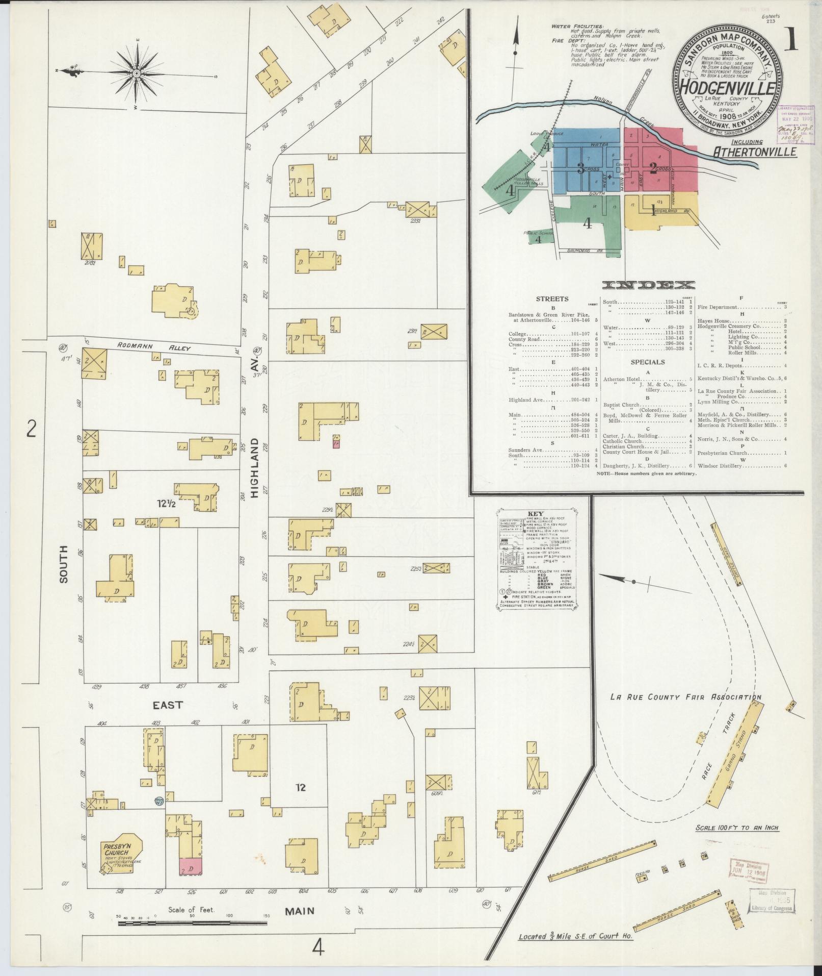 Sanborn Fire Insurance Map from Hodgenville, Larue County, Kentucky (1908), Sheet #0001 - Complete Map Set gallery image, historic Sanborn map, vintage wall art, Kentucky Kentucky