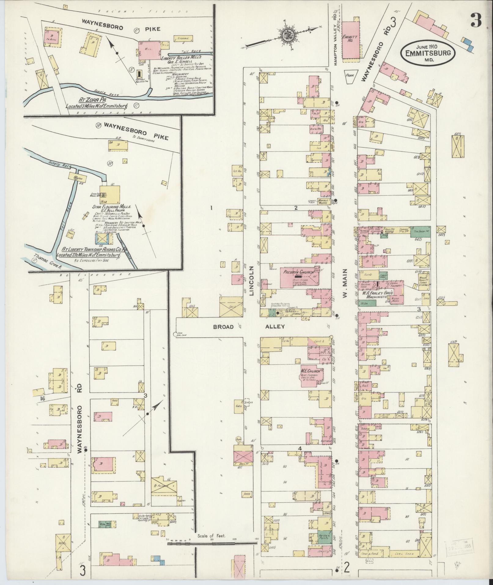 Sanborn Fire Insurance Map from Emmittsburg, Frederick County, Maryland (1910), Sheet #0003 - Historic Sanborn Fire Insurance Map Print, vintage old map wall art