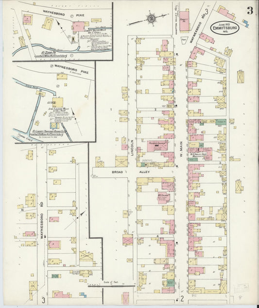 Sanborn Fire Insurance Map from Emmittsburg, Frederick County, Maryland (1910), Sheet #0003 - Historic Sanborn Fire Insurance Map Print, vintage old map wall art