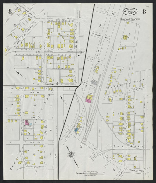 Sanborn Fire Insurance Map from Attalla, Etowah County, Alabama (1925), Sheet #0008 - Historic Sanborn Fire Insurance Map Print, vintage old map wall art, antique decor, genealogy gift, Alabama Alabama map