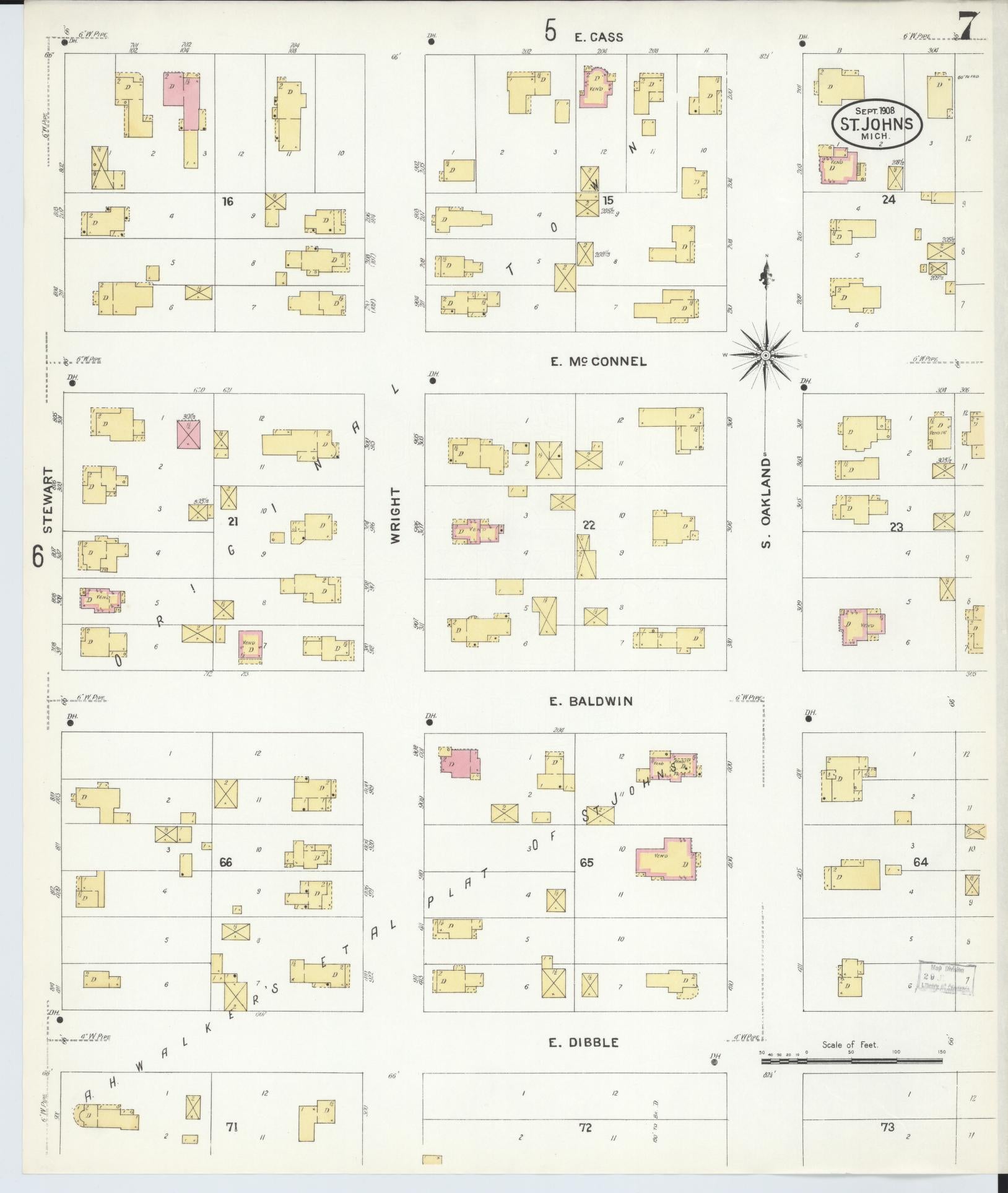 Sanborn Fire Insurance Map from Saint Johns, Clinton County, Michigan (1908), Sheet #0007 - Complete Map Set gallery image, historic Sanborn map, vintage wall art, Michigan Michigan