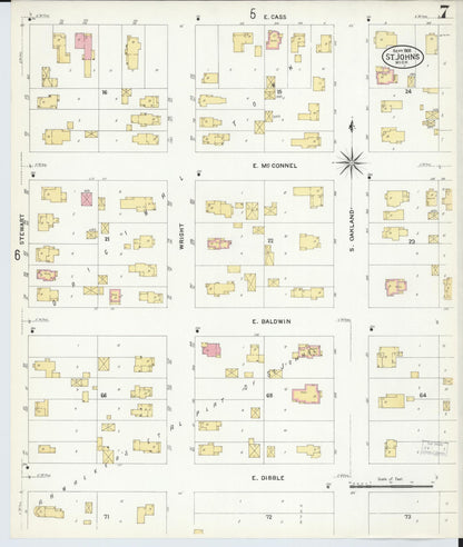Sanborn Fire Insurance Map from Saint Johns, Clinton County, Michigan (1908), Sheet #0007 - Complete Map Set gallery image, historic Sanborn map, vintage wall art, Michigan Michigan
