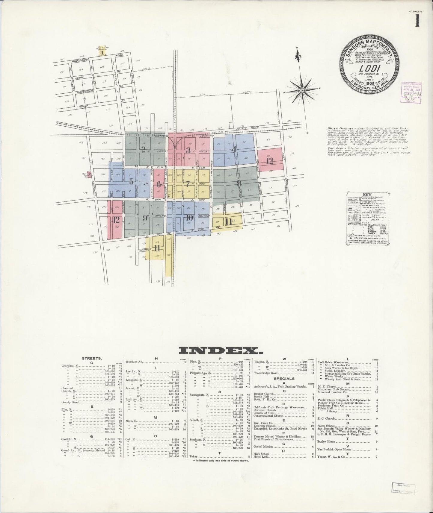 Sanborn Fire Insurance Map from Lodi, San Joaquin County, California (1908), Sheet #0001 - Historic Sanborn Fire Insurance Map Print, vintage old map wall art, antique decor, genealogy gift, California California map