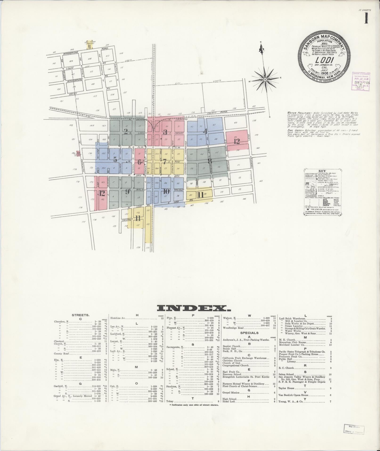 Sanborn Fire Insurance Map from Lodi, San Joaquin County, California (1908), Sheet #0001 - Historic Sanborn Fire Insurance Map Print, vintage old map wall art, antique decor, genealogy gift, California California map