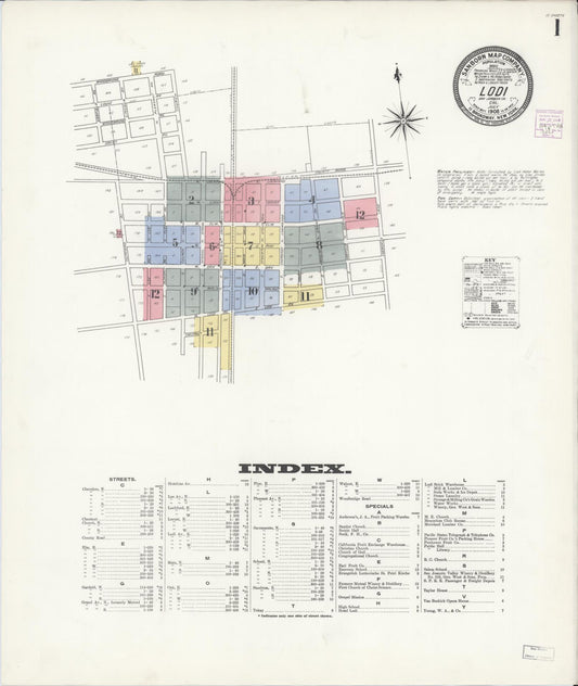 Sanborn Fire Insurance Map from Lodi, San Joaquin County, California (1908), Sheet #0001 - Historic Sanborn Fire Insurance Map Print, vintage old map wall art, antique decor, genealogy gift, California California map