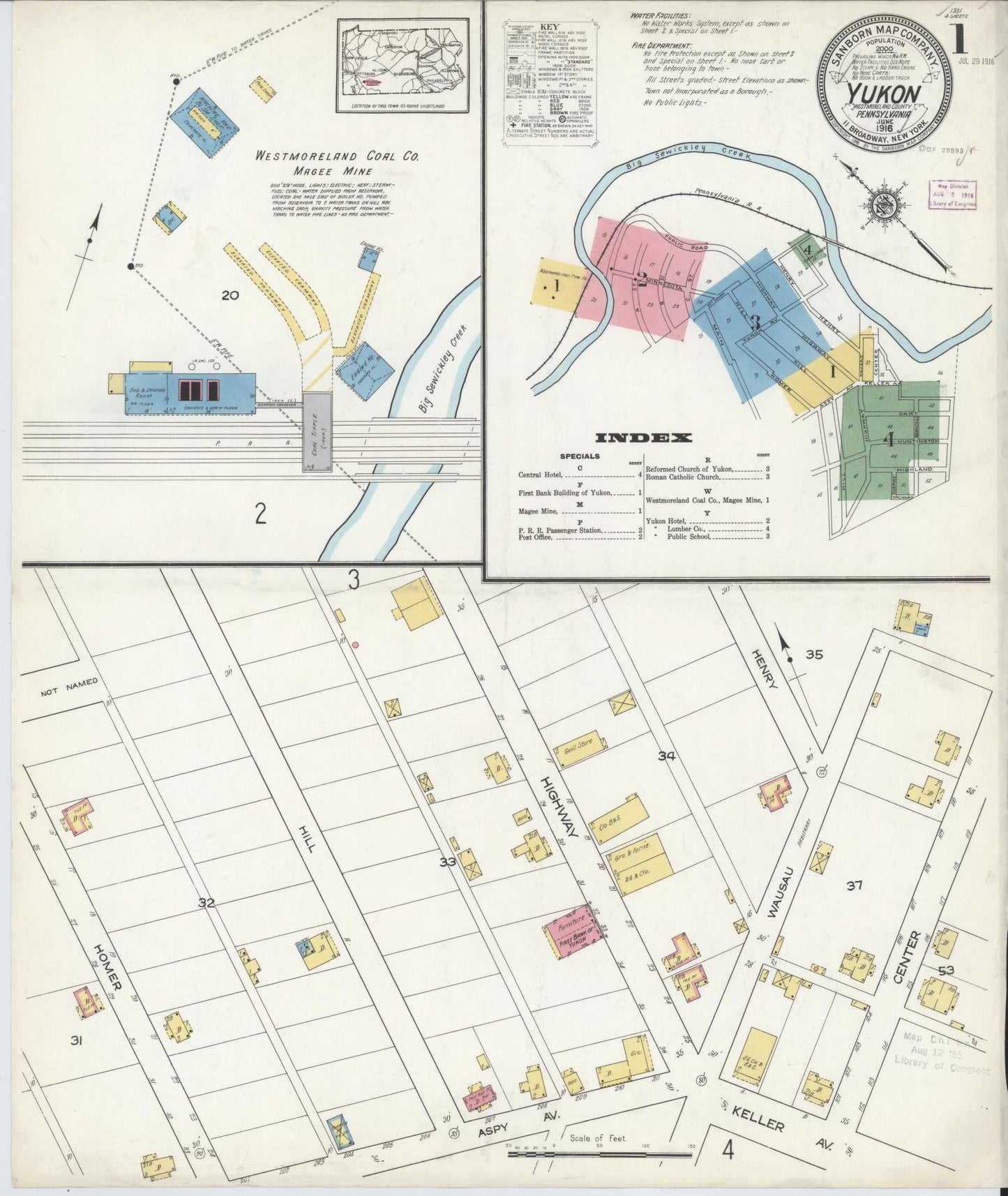 Sanborn Fire Insurance Map from Yukon, Westmoreland County, Pennsylvania (1916), Sheet #0001 - Complete Map Set gallery image, historic Sanborn map, vintage wall art, Pennsylvania Pennsylvania