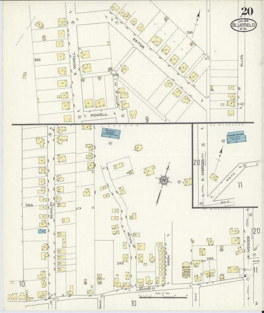 Sanborn Fire Insurance Map from Bluefield, Mercer County, West Virginia (1914), Sheet #0020 - Historic Sanborn Fire Insurance Map Print, vintage old map wall art, antique decor, genealogy gift, West Virginia West Virginia map