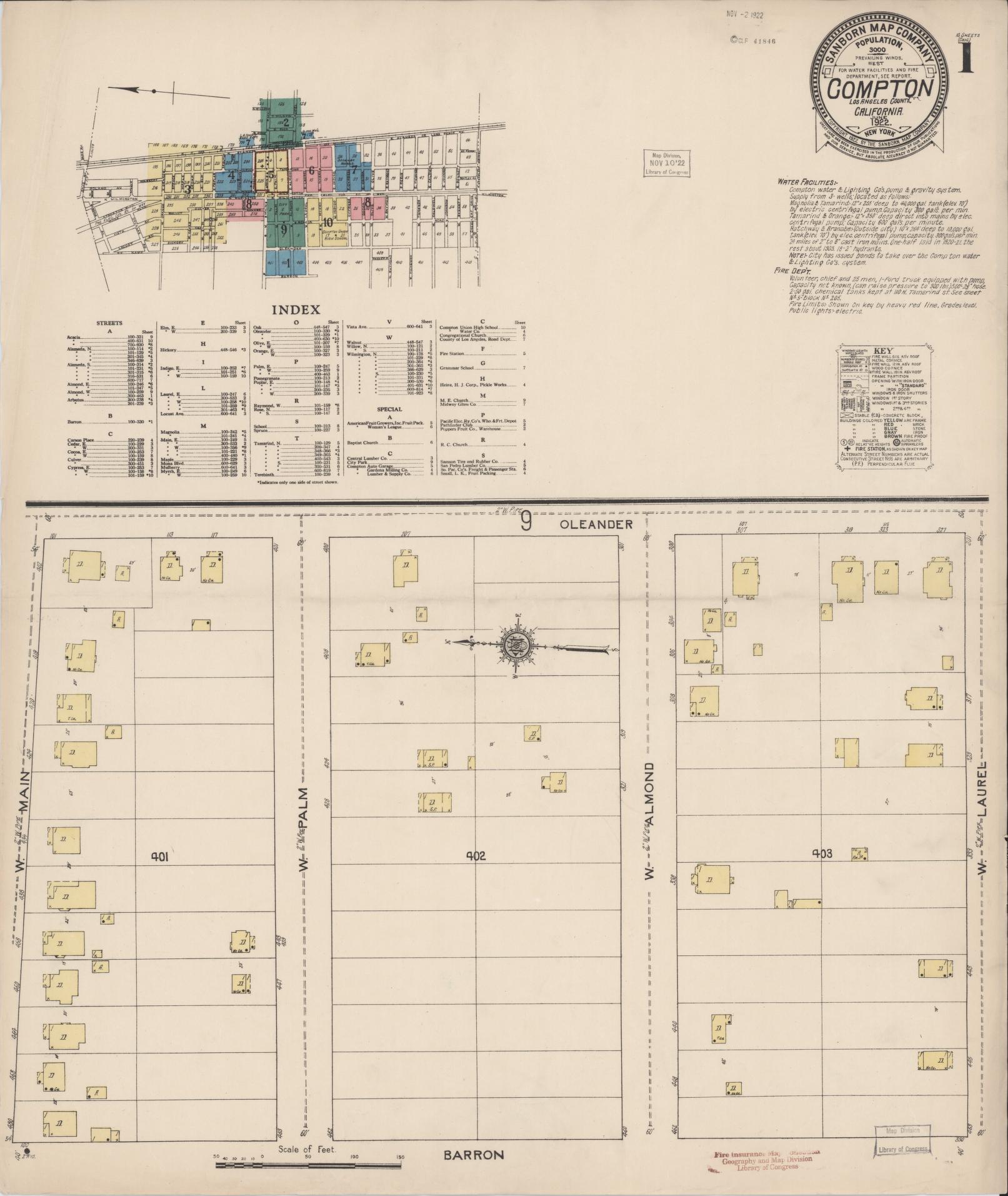 Sanborn Fire Insurance Map from Compton, Los Angeles County, California (1922), Sheet #0001 - Complete Map Set gallery image, historic Sanborn map, vintage wall art, California California