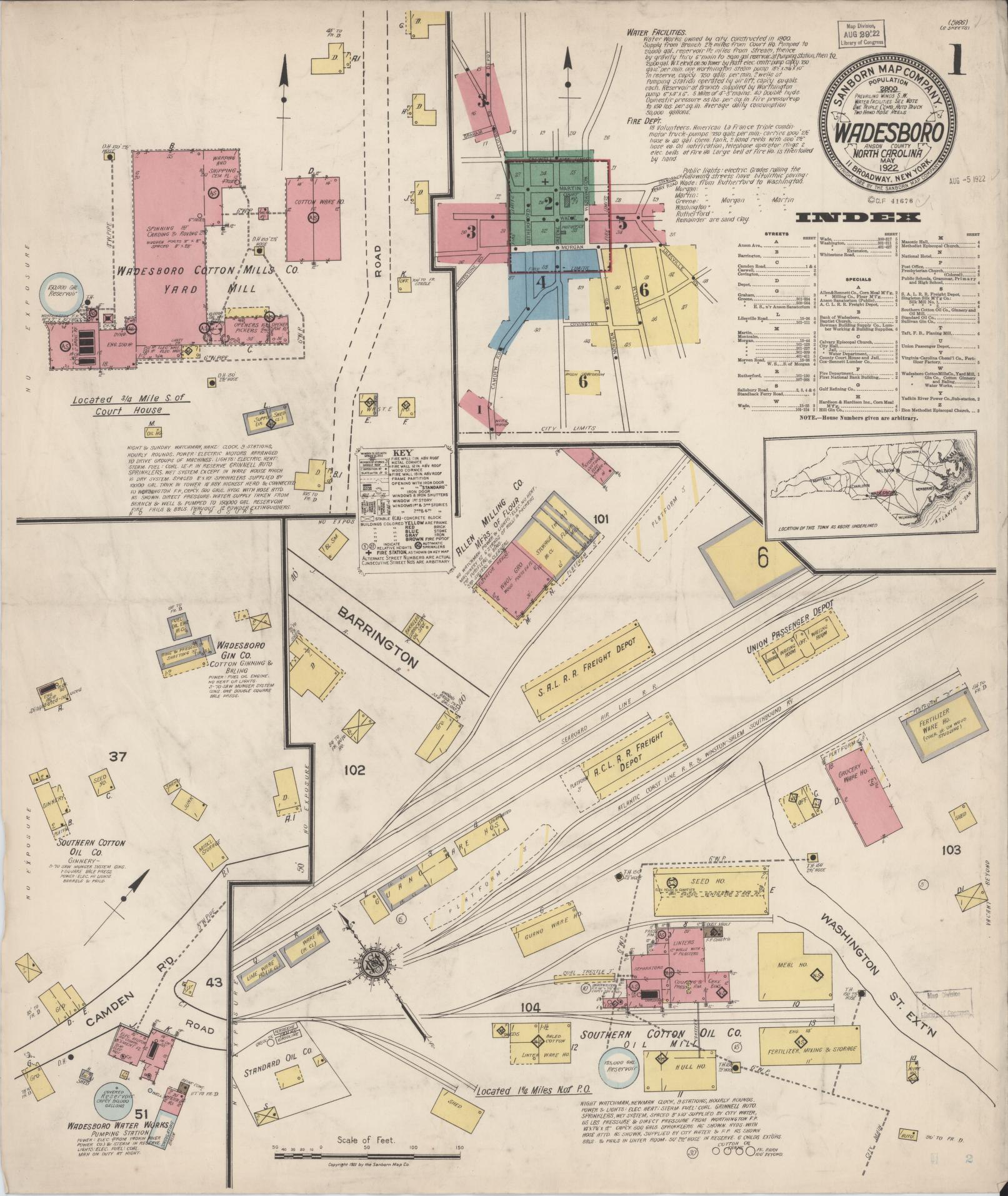 Sanborn Fire Insurance Map from Wadesboro, Anson County, North Carolina (1922), Sheet #0001 - Complete Map Set gallery image, historic Sanborn map, vintage wall art, North Carolina North Carolina
