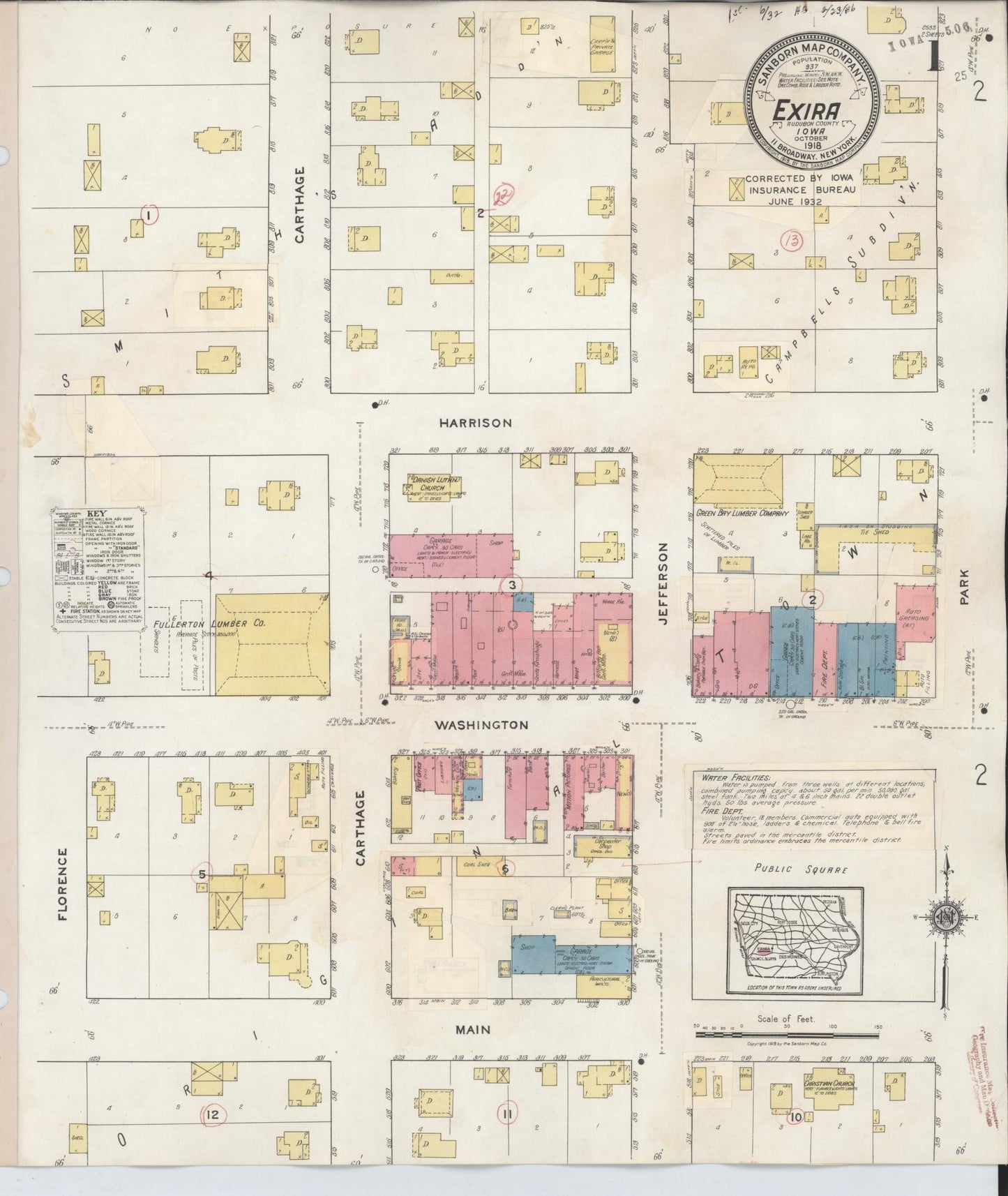 Sanborn Fire Insurance Map from Exira, Audubon County, Iowa (1932), Sheet #0001 - Historic Sanborn Fire Insurance Map Print, vintage old map wall art