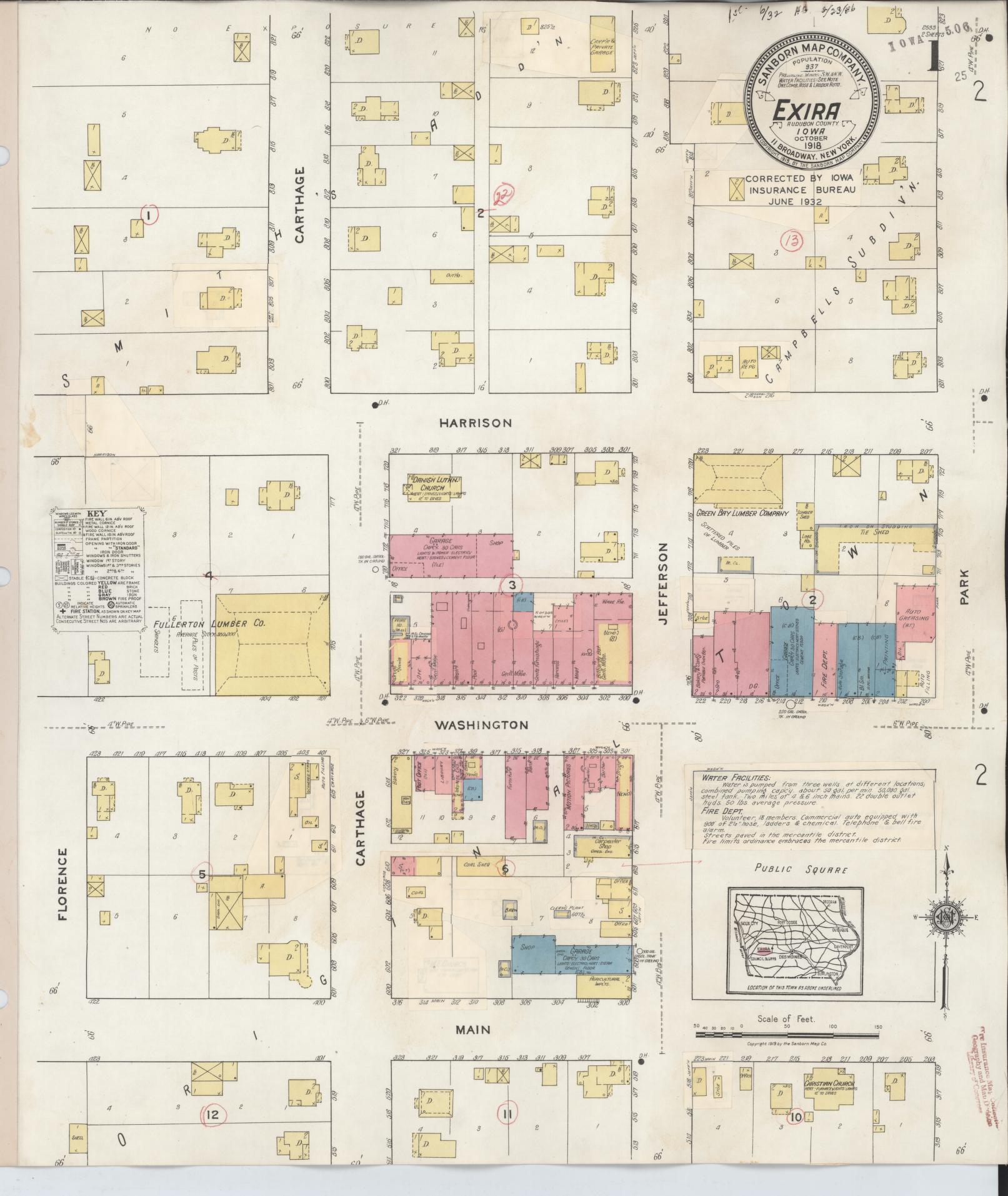 Sanborn Fire Insurance Map from Exira, Audubon County, Iowa (1932), Sheet #0001 - Historic Sanborn Fire Insurance Map Print, vintage old map wall art