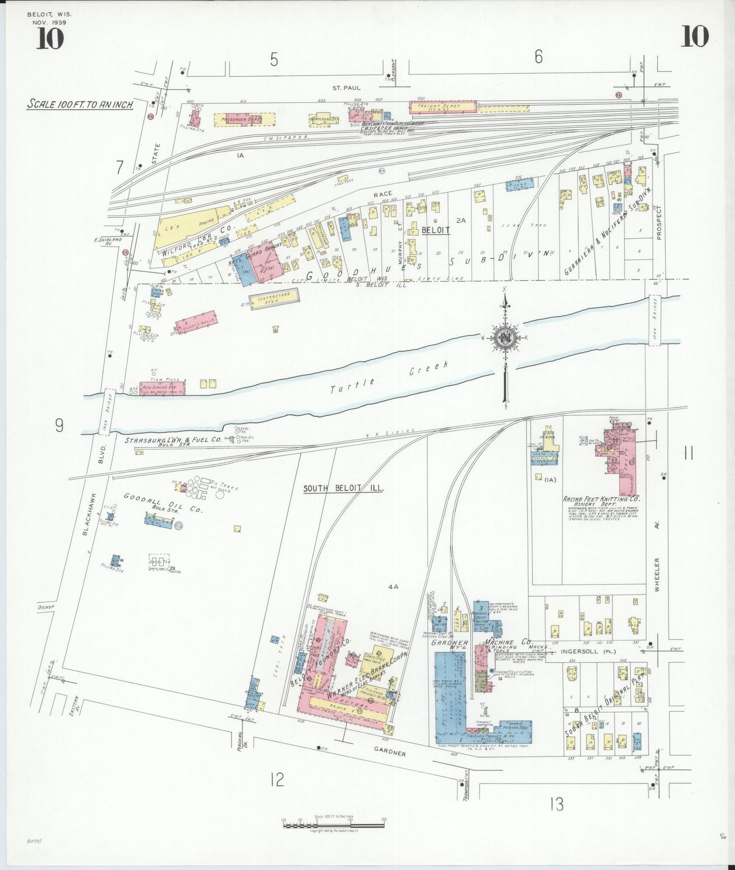 Sanborn Fire Insurance Map from Beloit, Rock County, Wisconsin (1939), Sheet #0010 - Historic Sanborn Fire Insurance Map Print, vintage old map wall art, antique decor, genealogy gift, Wisconsin Wisconsin map