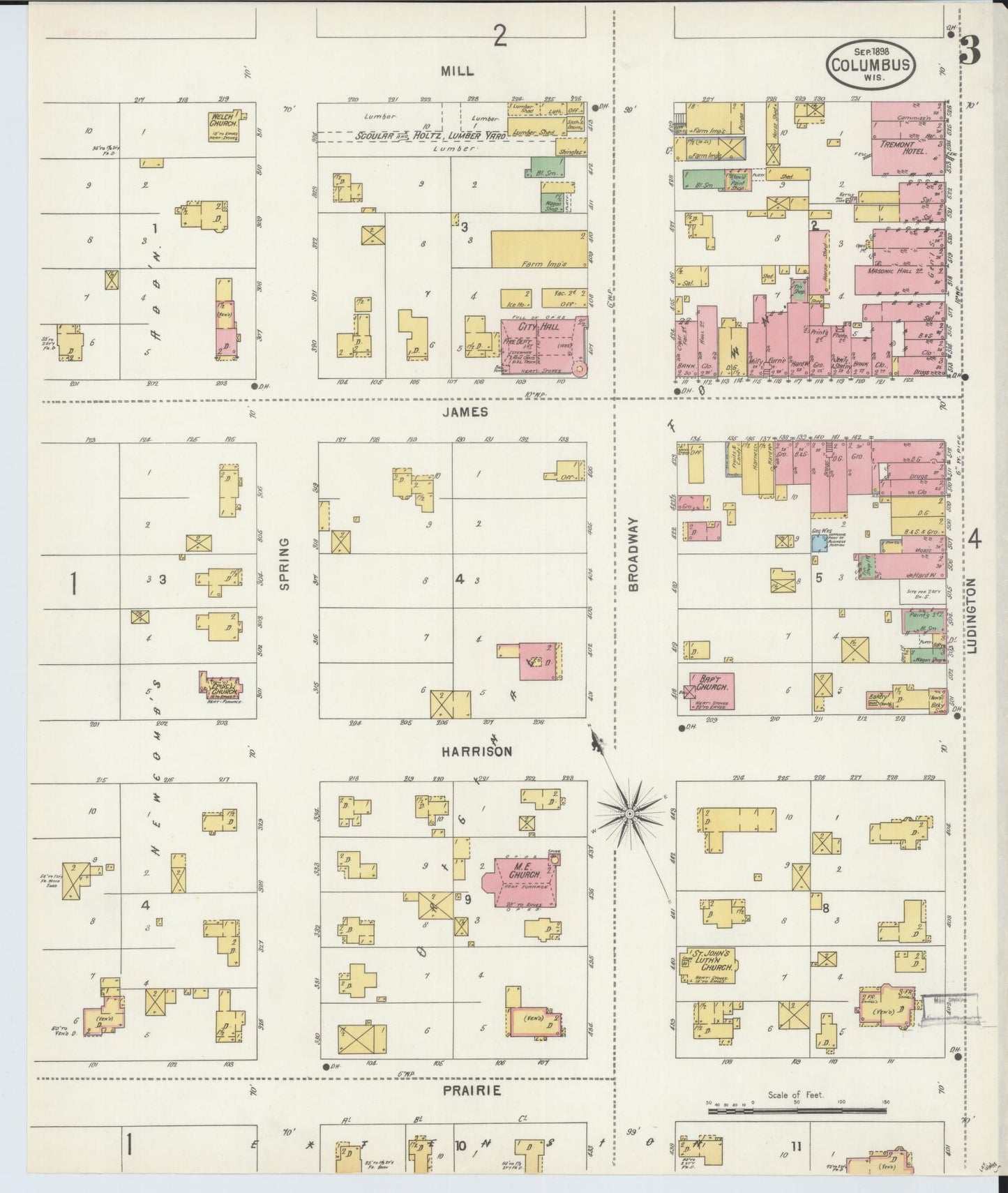 Sanborn Fire Insurance Map from Columbus, Columbia and Dodge County, Wisconsin (1898), Sheet #0003 - Historic Sanborn Fire Insurance Map Print, vintage old map wall art, antique decor, genealogy gift, Wisconsin Wisconsin map