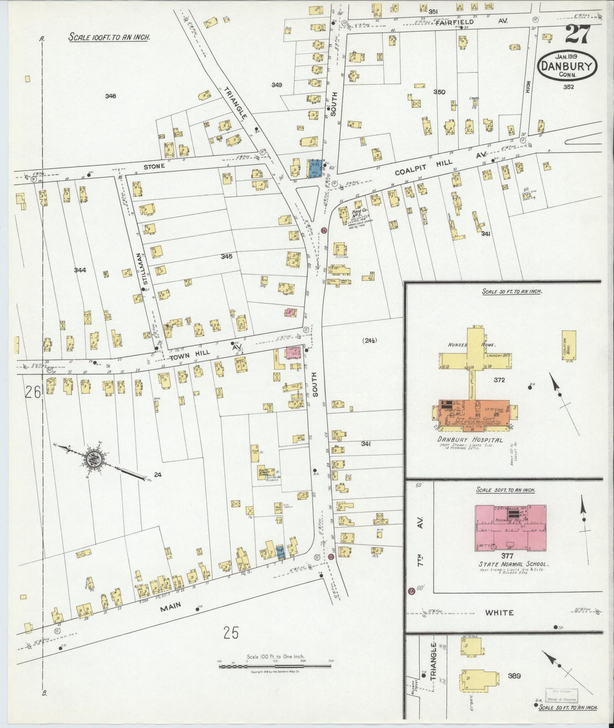 Sanborn Fire Insurance Map from Danbury, Fairfield County, Connecticut (1919), Sheet #0027 - Historic Sanborn Fire Insurance Map Print, vintage old map wall art, antique decor, genealogy gift, Connecticut Connecticut map