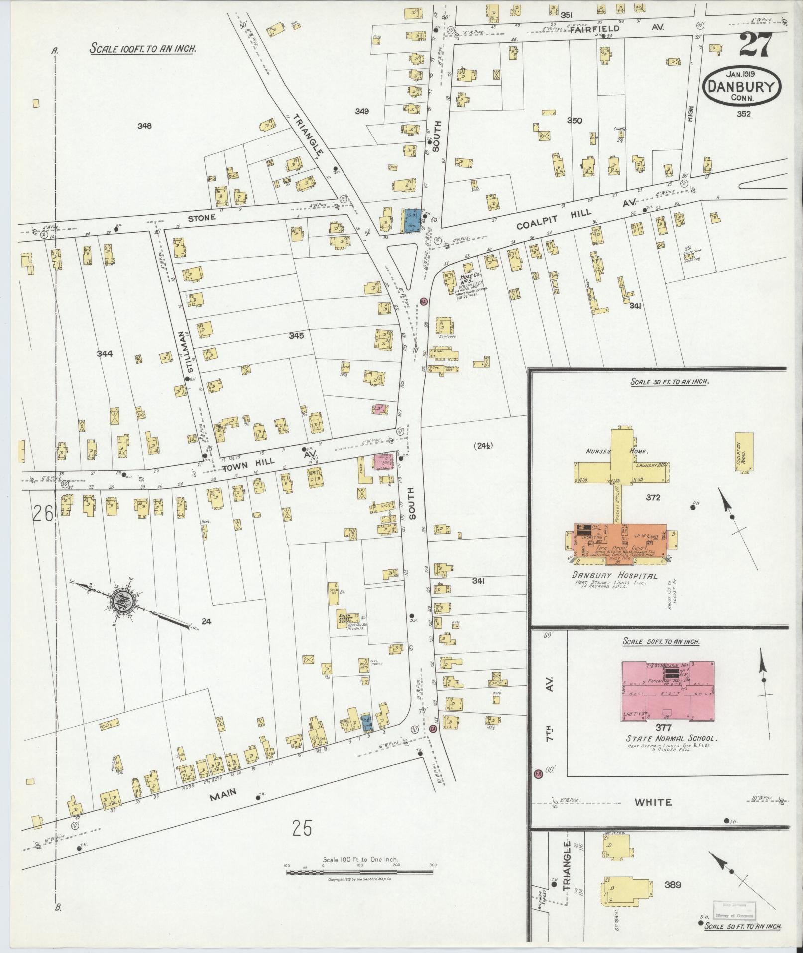Sanborn Fire Insurance Map from Danbury, Fairfield County, Connecticut (1919), Sheet #0027 - Historic Sanborn Fire Insurance Map Print, vintage old map wall art, antique decor, genealogy gift, Connecticut Connecticut map