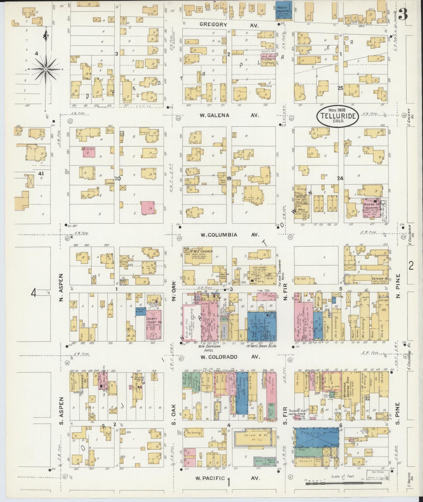 Sanborn Fire Insurance Map from Telluride, San Miguel County, Colorado (1908), Sheet #0003 - Complete Map Set gallery image, historic Sanborn map, vintage wall art, Colorado Colorado