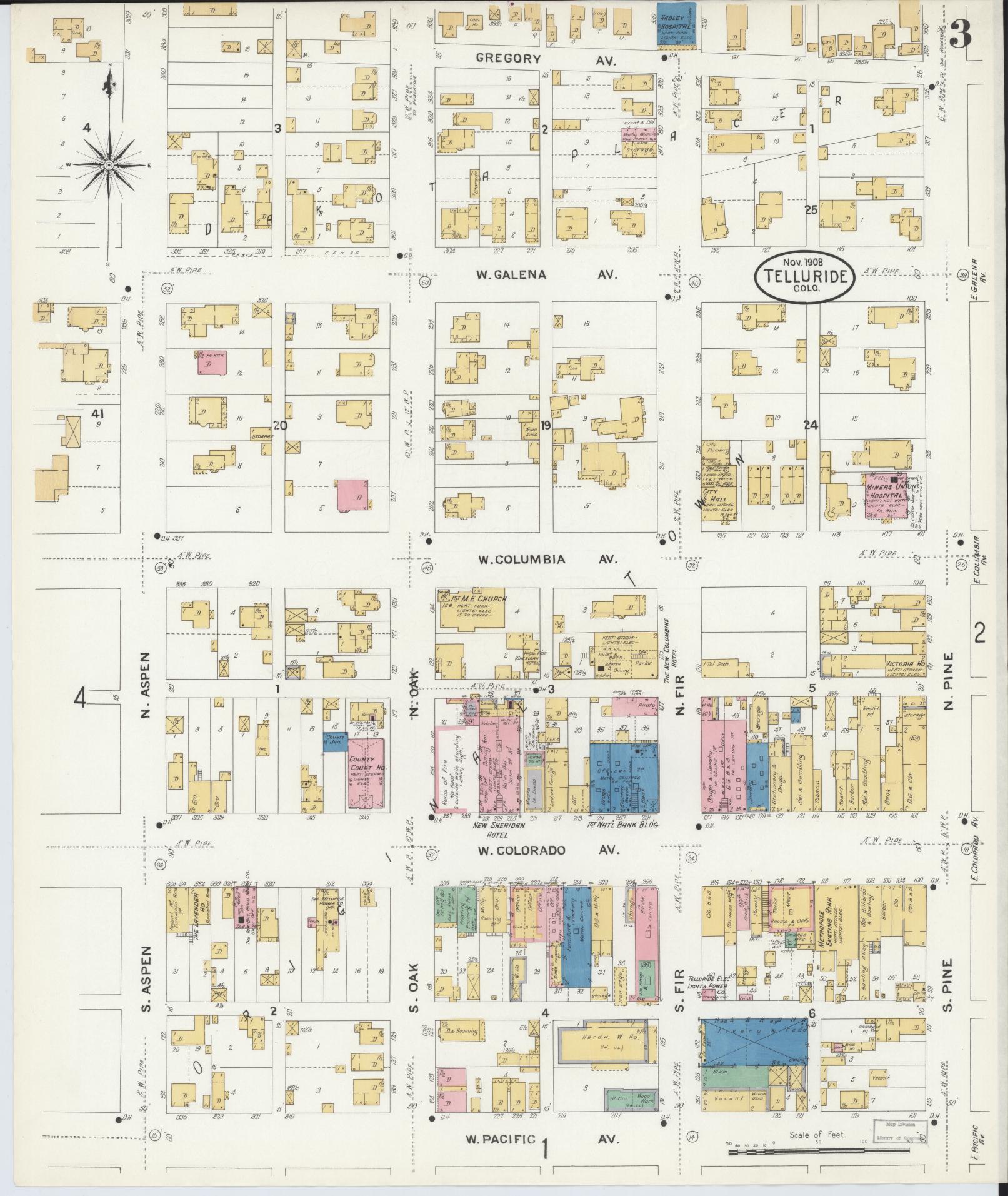 Sanborn Fire Insurance Map from Telluride, San Miguel County, Colorado (1908), Sheet #0003 - Complete Map Set gallery image, historic Sanborn map, vintage wall art, Colorado Colorado