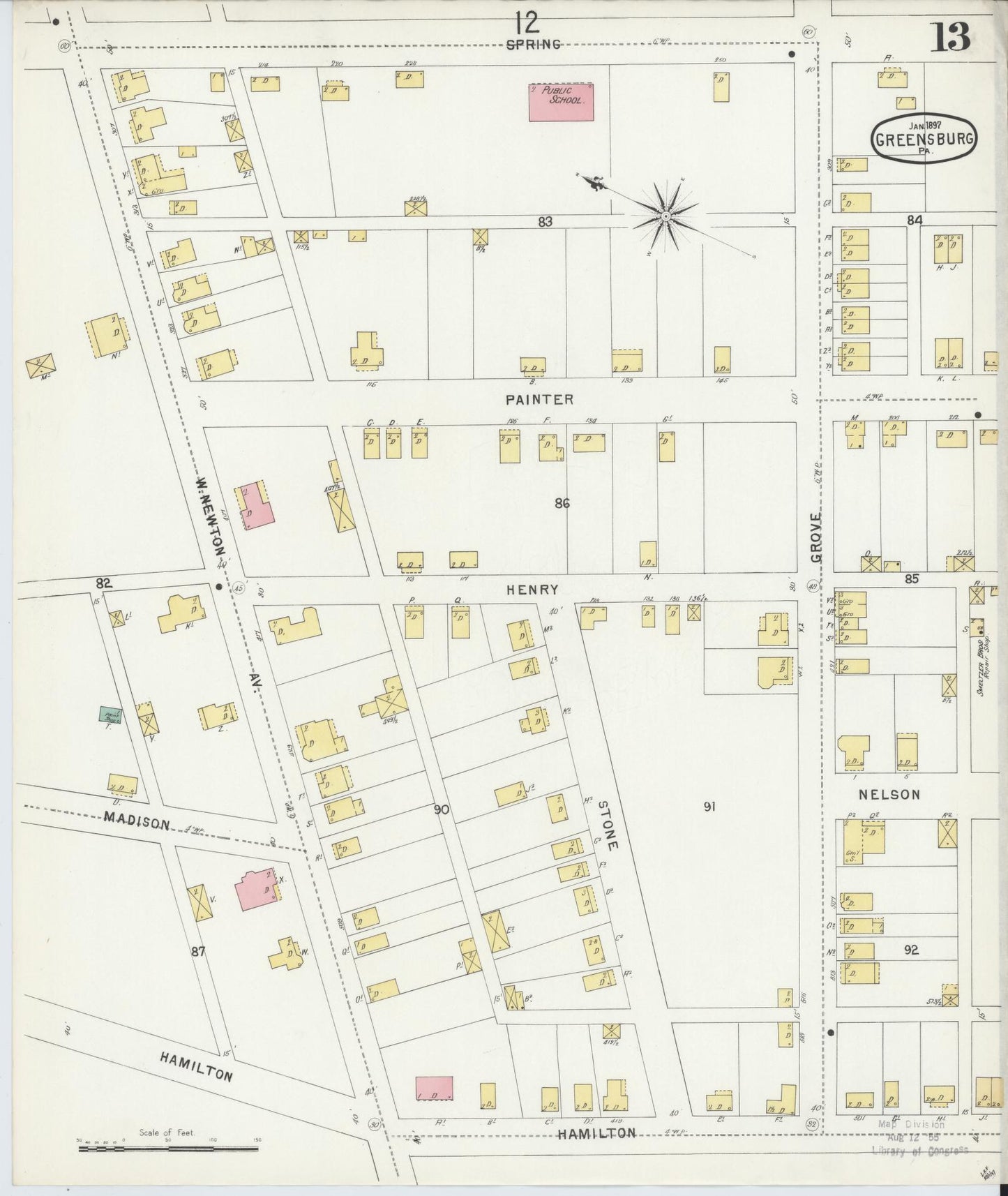 Sanborn Fire Insurance Map from Greensburg, Westmoreland County, Pennsylvania (1897), Sheet #0013 - Historic Sanborn Fire Insurance Map Print, vintage old map wall art, antique decor, genealogy gift, Pennsylvania Pennsylvania map