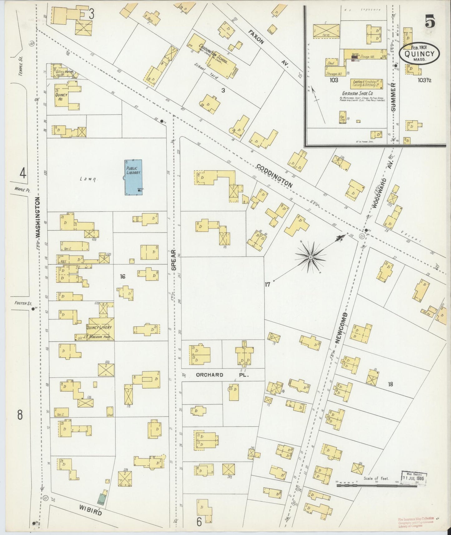 Sanborn Fire Insurance Map from Quincy, Norfolk County, Massachusetts (1901), Sheet #0005 - Historic Sanborn Fire Insurance Map Print, vintage old map wall art, antique decor, genealogy gift, Massachusetts Massachusetts map