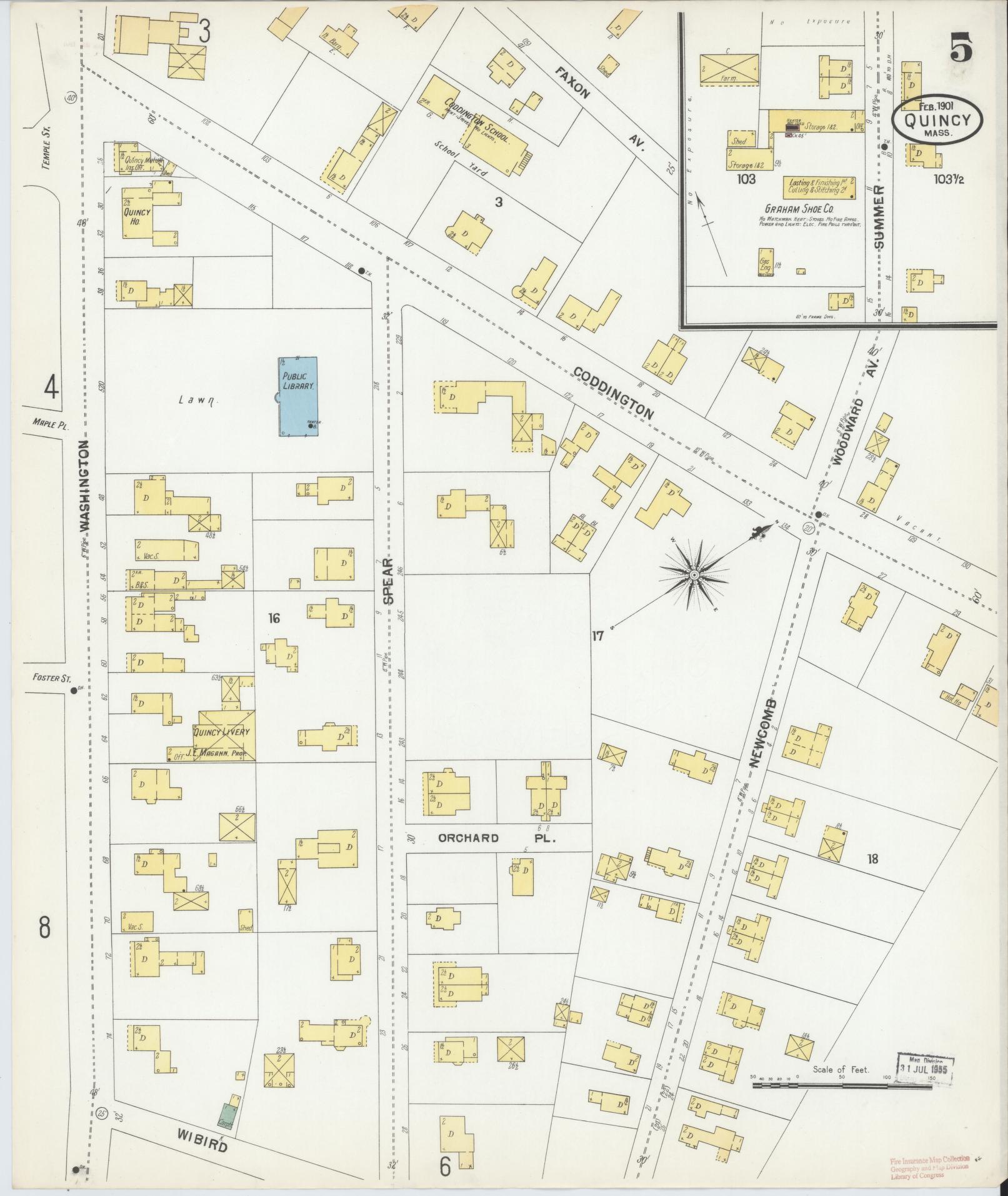 Sanborn Fire Insurance Map from Quincy, Norfolk County, Massachusetts (1901), Sheet #0005 - Historic Sanborn Fire Insurance Map Print, vintage old map wall art, antique decor, genealogy gift, Massachusetts Massachusetts map