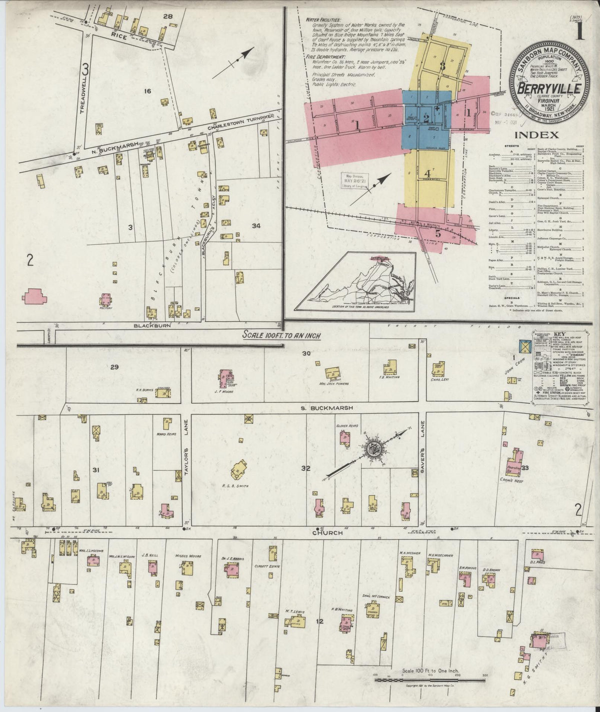 Sanborn Fire Insurance Map from Berryville, Clark County, Virginia (1921), Sheet #0001 - Historic Sanborn Fire Insurance Map Print, vintage old map wall art, antique decor, genealogy gift, Virginia Virginia map