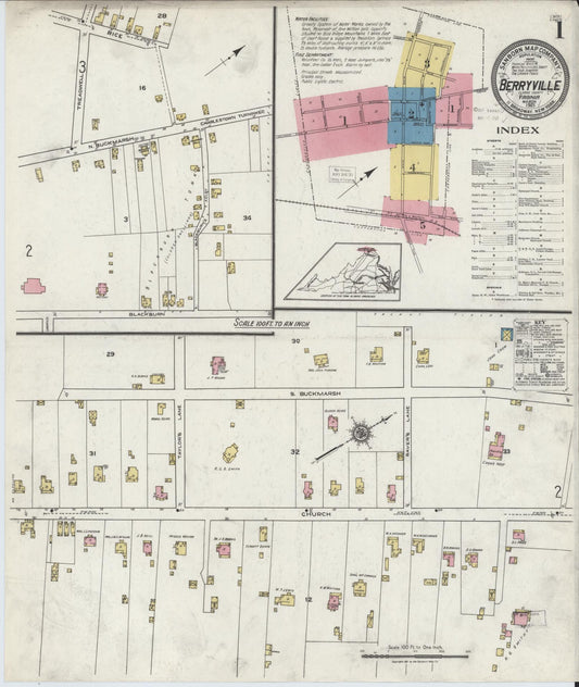 Sanborn Fire Insurance Map from Berryville, Clark County, Virginia (1921), Sheet #0001 - Historic Sanborn Fire Insurance Map Print, vintage old map wall art, antique decor, genealogy gift, Virginia Virginia map
