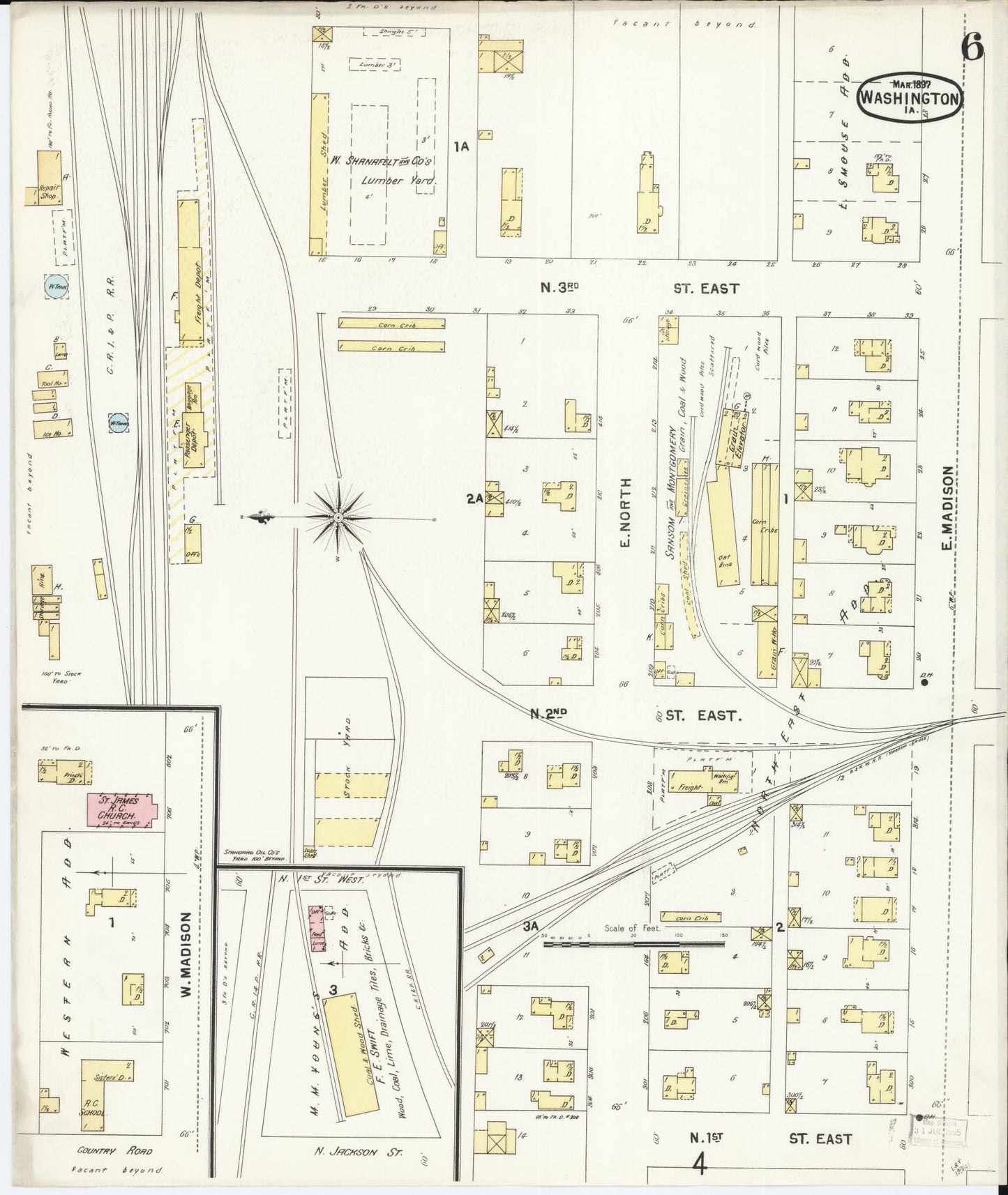 Sanborn Fire Insurance Map from Washington, Washington County, Iowa (1897), Sheet #0006 - Historic Sanborn Fire Insurance Map Print, vintage old map wall art, antique decor, genealogy gift, Sanborn Fire Insurance Map from Washington Washington map