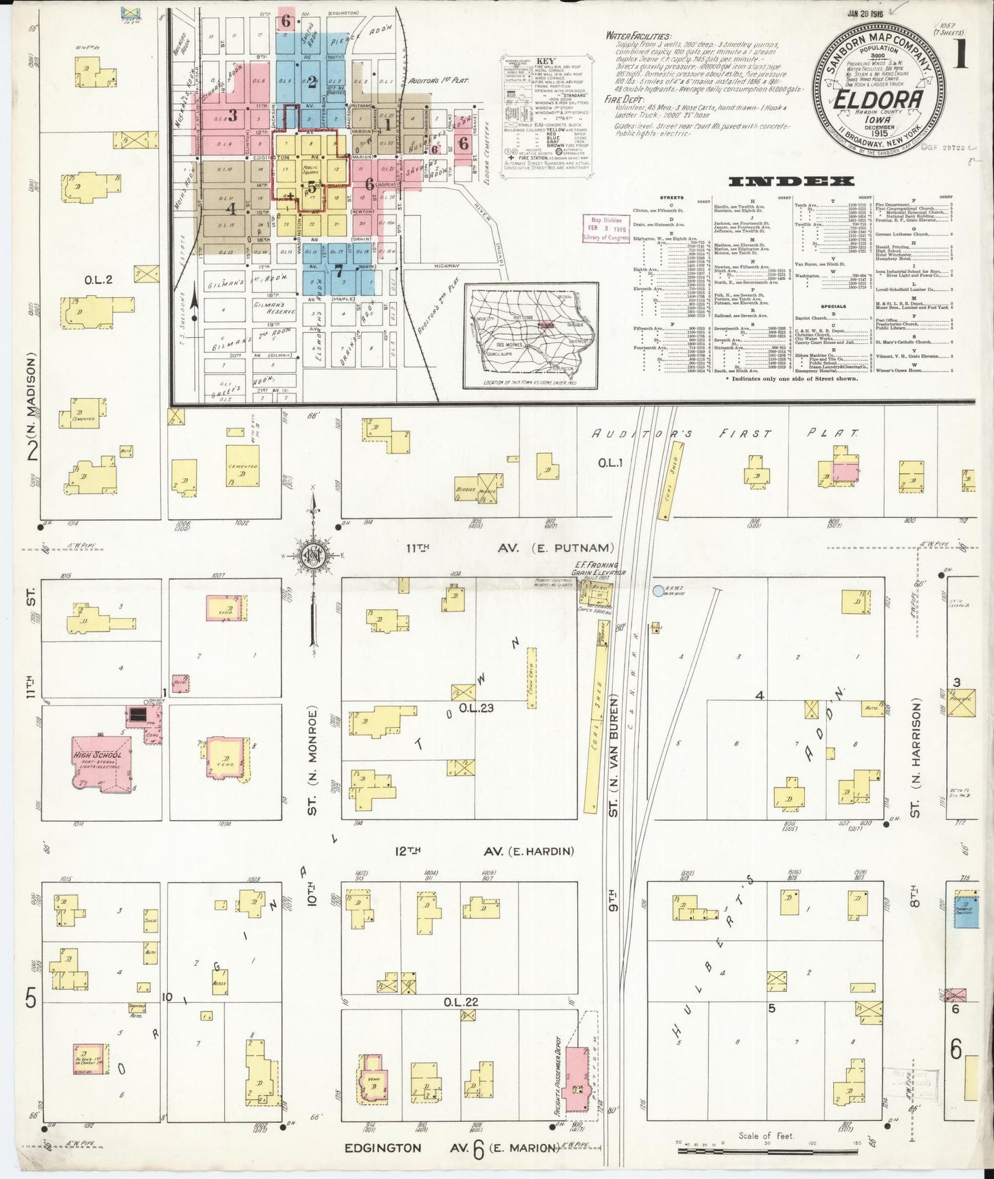 Sanborn Fire Insurance Map from Eldora, Hardin County, Iowa (1915), Sheet #0001 - Historic Sanborn Fire Insurance Map Print, vintage old map wall art