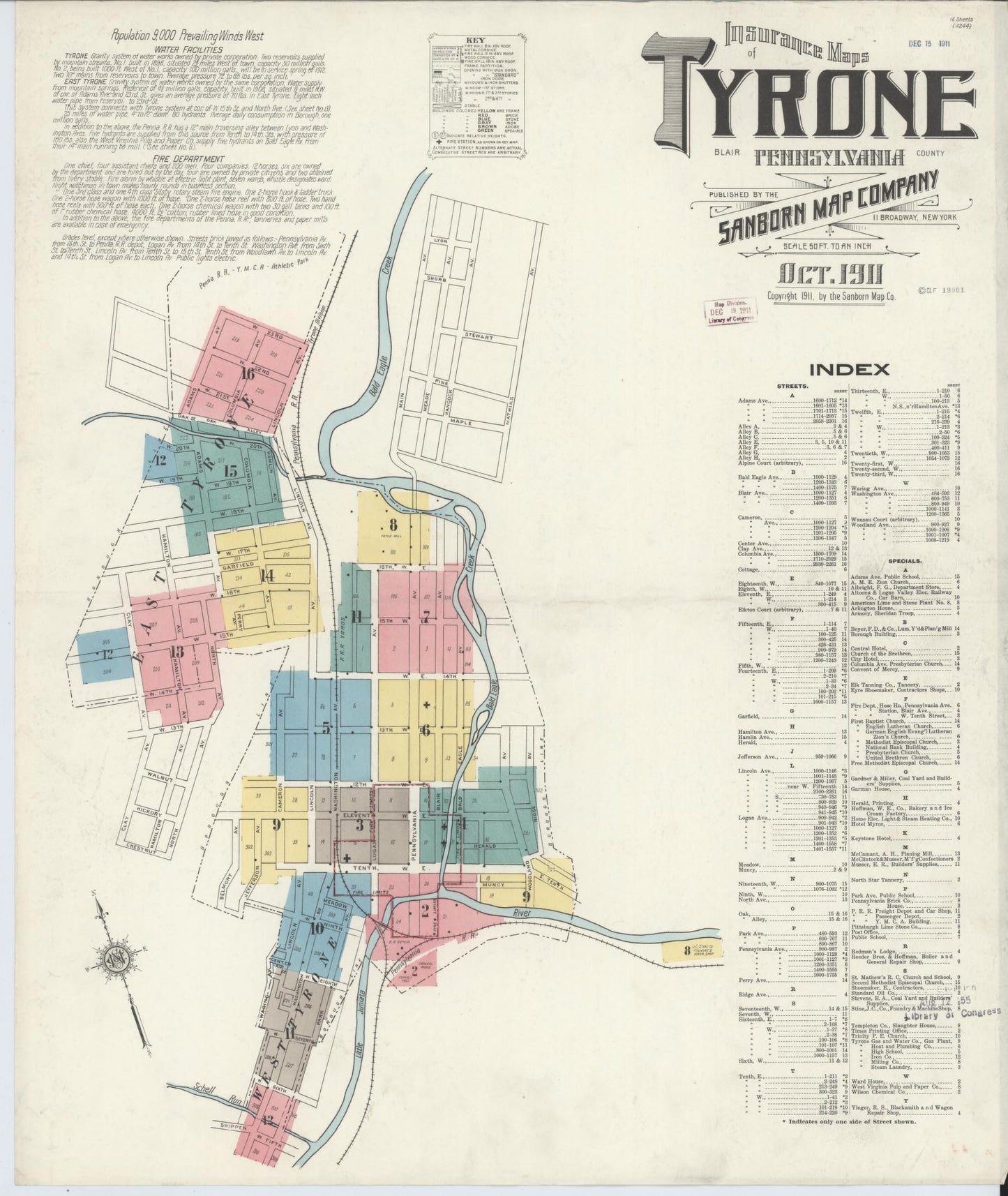 Sanborn Fire Insurance Map from Tyrone, Blair County, Pennsylvania (1911), Sheet #0001 - Historic Sanborn Fire Insurance Map Print, vintage old map wall art, antique decor, genealogy gift, Pennsylvania Pennsylvania map