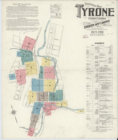 Sanborn Fire Insurance Map from Tyrone, Blair County, Pennsylvania (1911), Sheet #0001 - Historic Sanborn Fire Insurance Map Print, vintage old map wall art, antique decor, genealogy gift, Pennsylvania Pennsylvania map