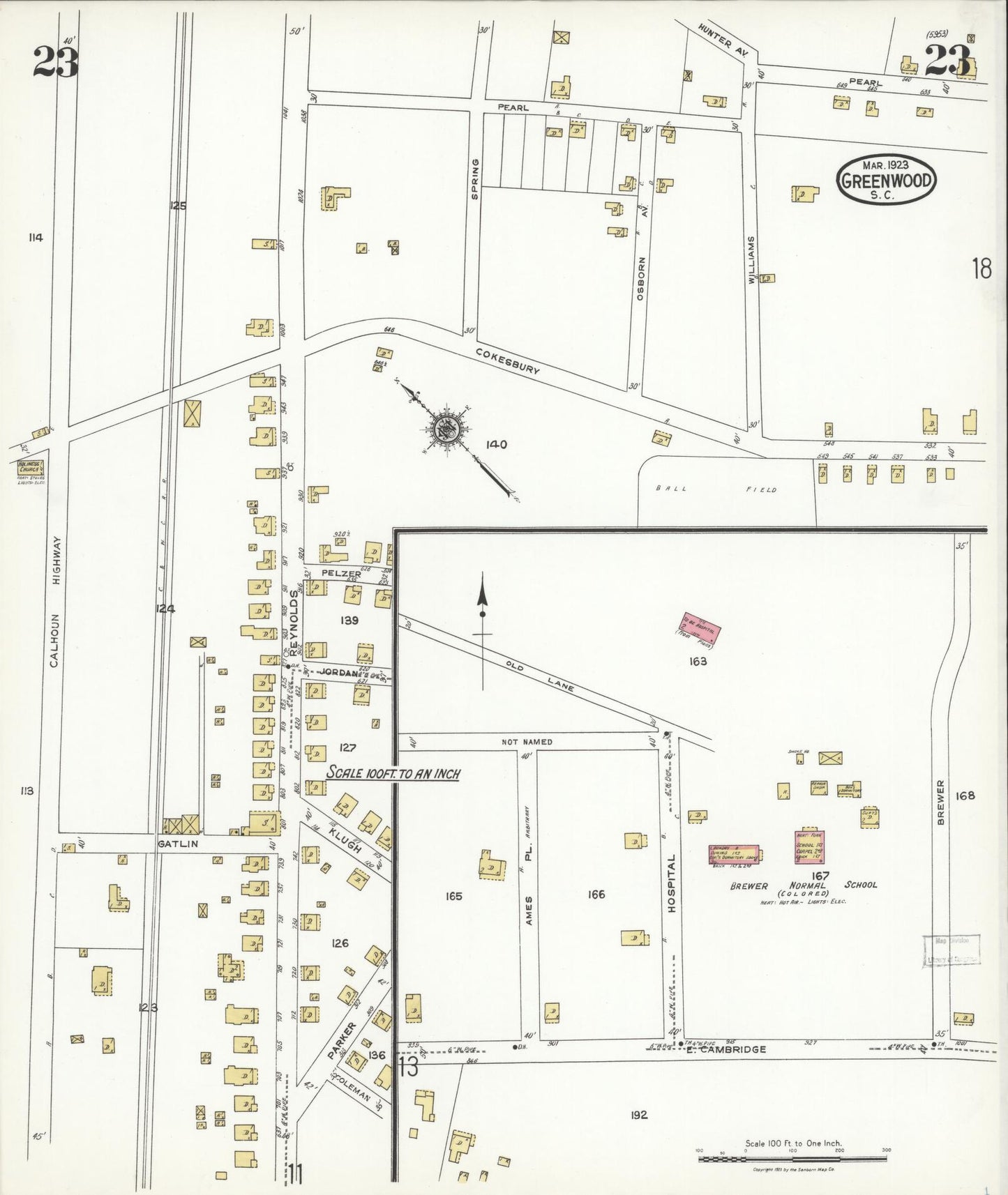 Sanborn Fire Insurance Map from Greenwood, Greenwood County, South Carolina (1923), Sheet #0023 - Complete Map Set gallery image, historic Sanborn map, vintage wall art, South Carolina South Carolina