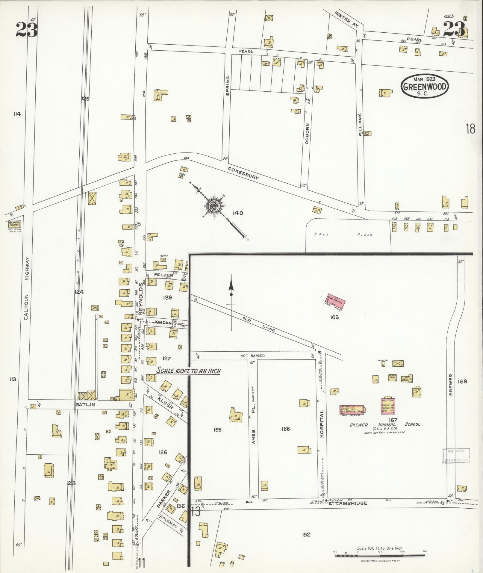 Sanborn Fire Insurance Map from Greenwood, Greenwood County, South Carolina (1923), Sheet #0023 - Complete Map Set gallery image, historic Sanborn map, vintage wall art, South Carolina South Carolina