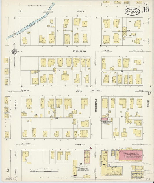 Sanborn Fire Insurance Map from Waycross, Ware County, Georgia (1913), Sheet #0016 - Historic Sanborn Fire Insurance Map Print, vintage old map wall art, antique decor, genealogy gift, Georgia Georgia map