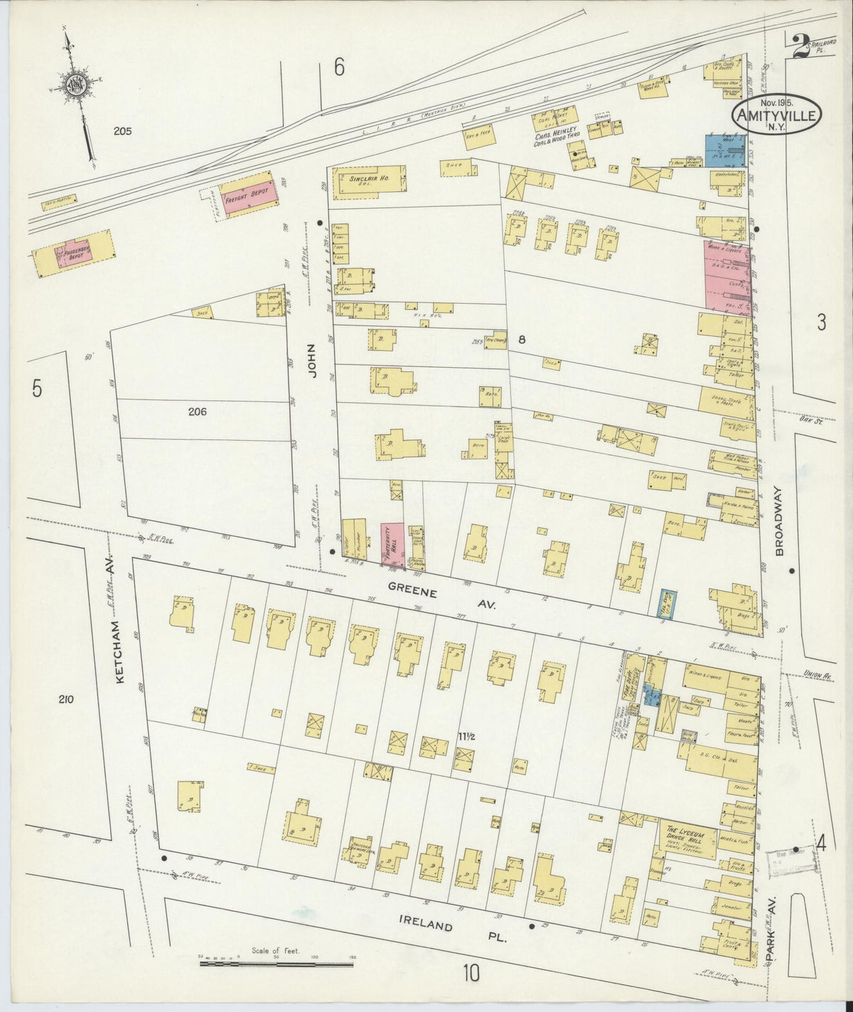 Sanborn Fire Insurance Map from Amityville, Suffolk County, New York (1915), Sheet #0002 - Historic Sanborn Fire Insurance Map Print, vintage old map wall art, antique decor, genealogy gift, New York New York map