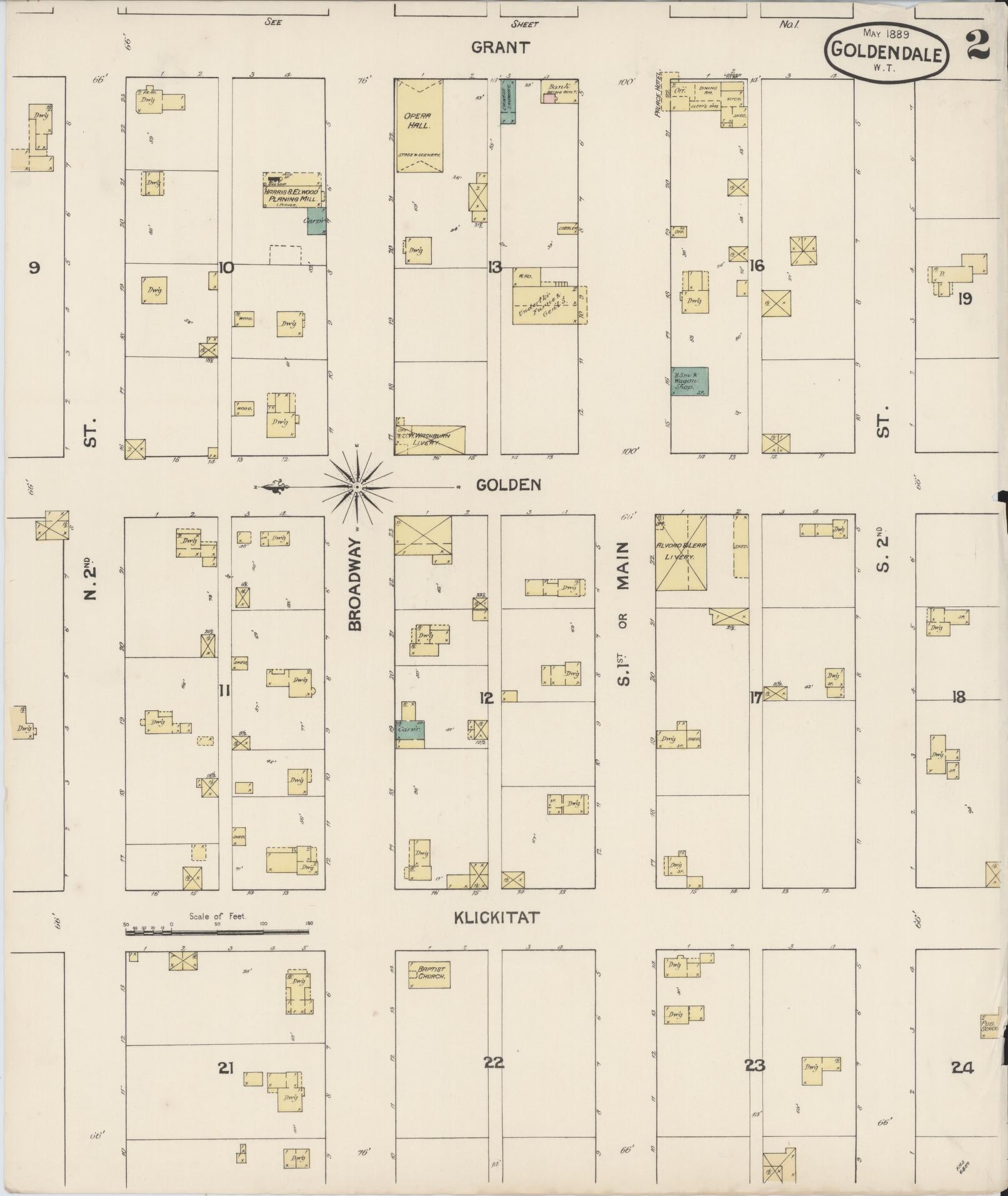Sanborn Fire Insurance Map from Goldendale, Klickitat County, Washington (1889), Sheet #0002 - Historic Sanborn Fire Insurance Map Print, vintage old map wall art, antique decor, genealogy gift, Washington Washington map