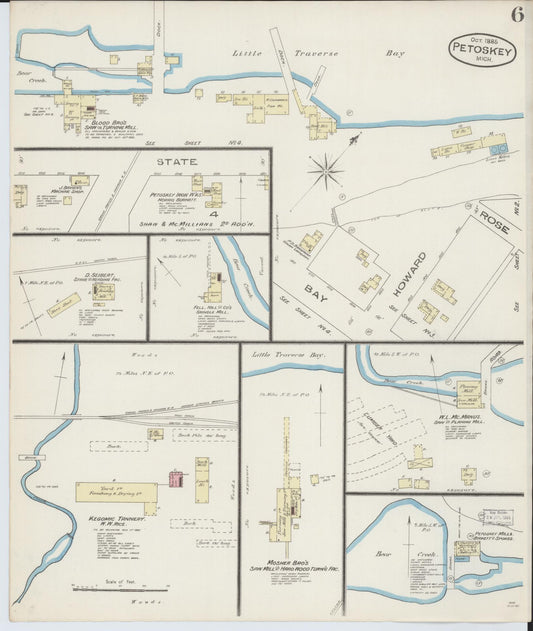 Sanborn Fire Insurance Map from Petoskey, Emmet County, Michigan (1885), Sheet #0006 - Historic Sanborn Fire Insurance Map Print, vintage old map wall art, antique decor, genealogy gift, Michigan Michigan map