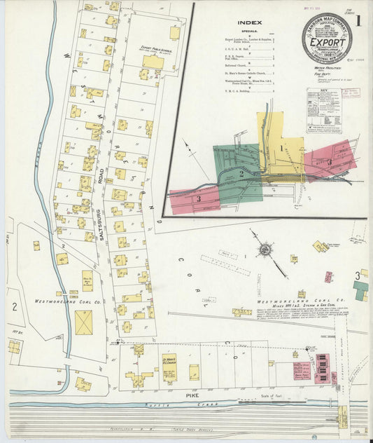 Sanborn Fire Insurance Map from Export, Westmoreland County, Pennsylvania (1909), Sheet #0001 - Historic Sanborn Fire Insurance Map Print, vintage old map wall art, antique decor, genealogy gift, Pennsylvania Pennsylvania map